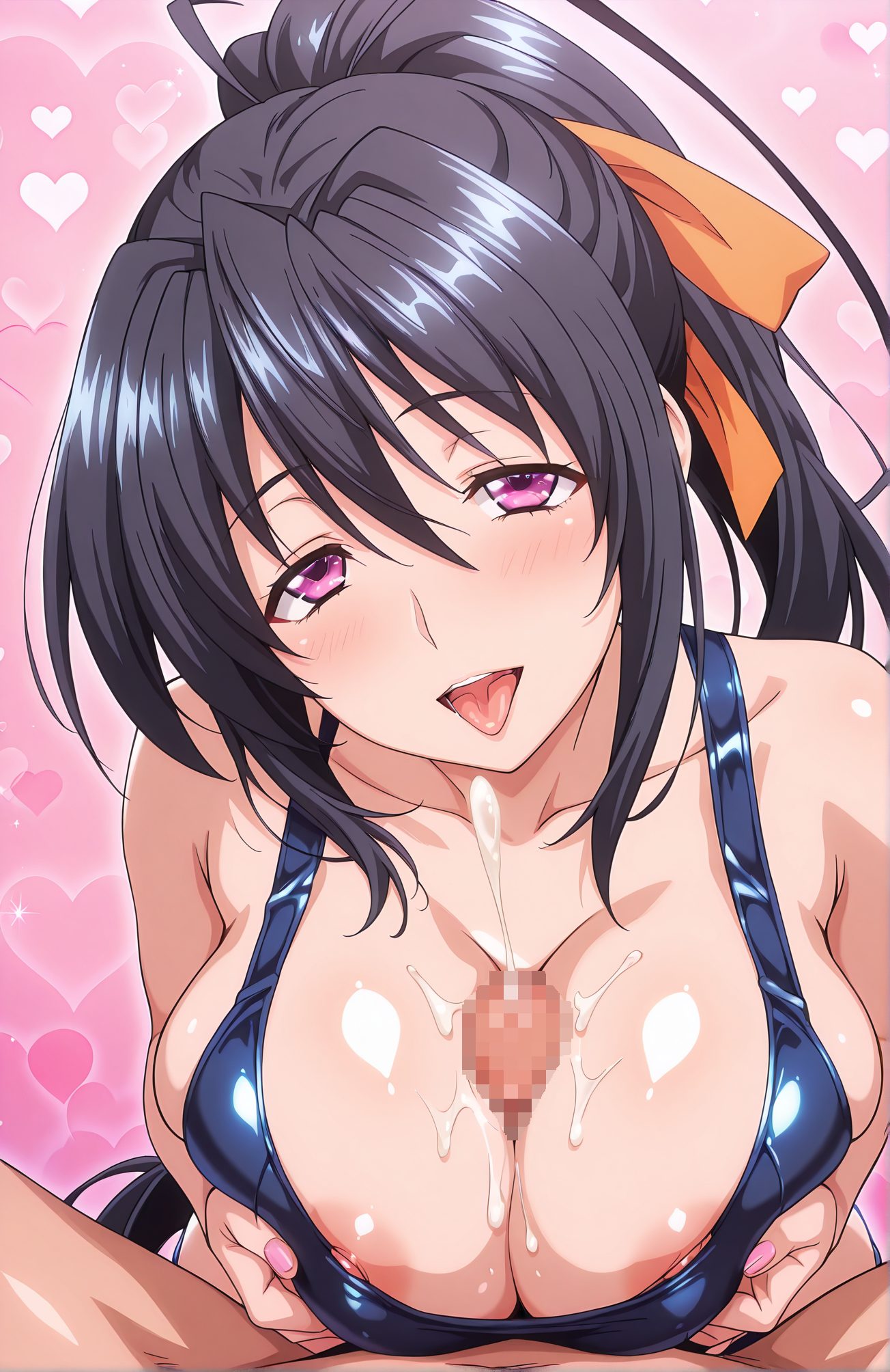 explicit, 1girl, long_hair, breasts, looking_at_viewer, blush, smile, open_mouth, large_breasts, black_hair, 1boy, ribbon, cleavage, hair_between_eyes, very_long_hair, purple_eyes, collarbone, swimsuit, hair_ribbon, ponytail, hetero, heart, penis, solo_focus, tongue, shiny, cum, tongue_out, nail_polish, one-piece_swimsuit, shiny_skin, uncensored, pov, cum_on_body, ejaculation, cum_on_breasts, paizuri, areola_slip, pink_nails, breasts_squeezed_together, nipple_slip, projectile_cum, heart_background, paizuri_under_clothes, himejima_akeno, 長い髪, 赤面, 笑顔, 口開き, 大きな胸, 黒髪, リボン, 目にかかる髪, とても長い髪, 鎖骨, 水着, 髪リボン, ポニーテール, 光沢, 精液, 舌出し, ワンピース水着, 光沢肌, 無修正, ぶっかけ（体）, 射精, 胸へのぶっかけ, パイズリ, 飛ばし射精, 着衣パイズリ, 姫島朱乃