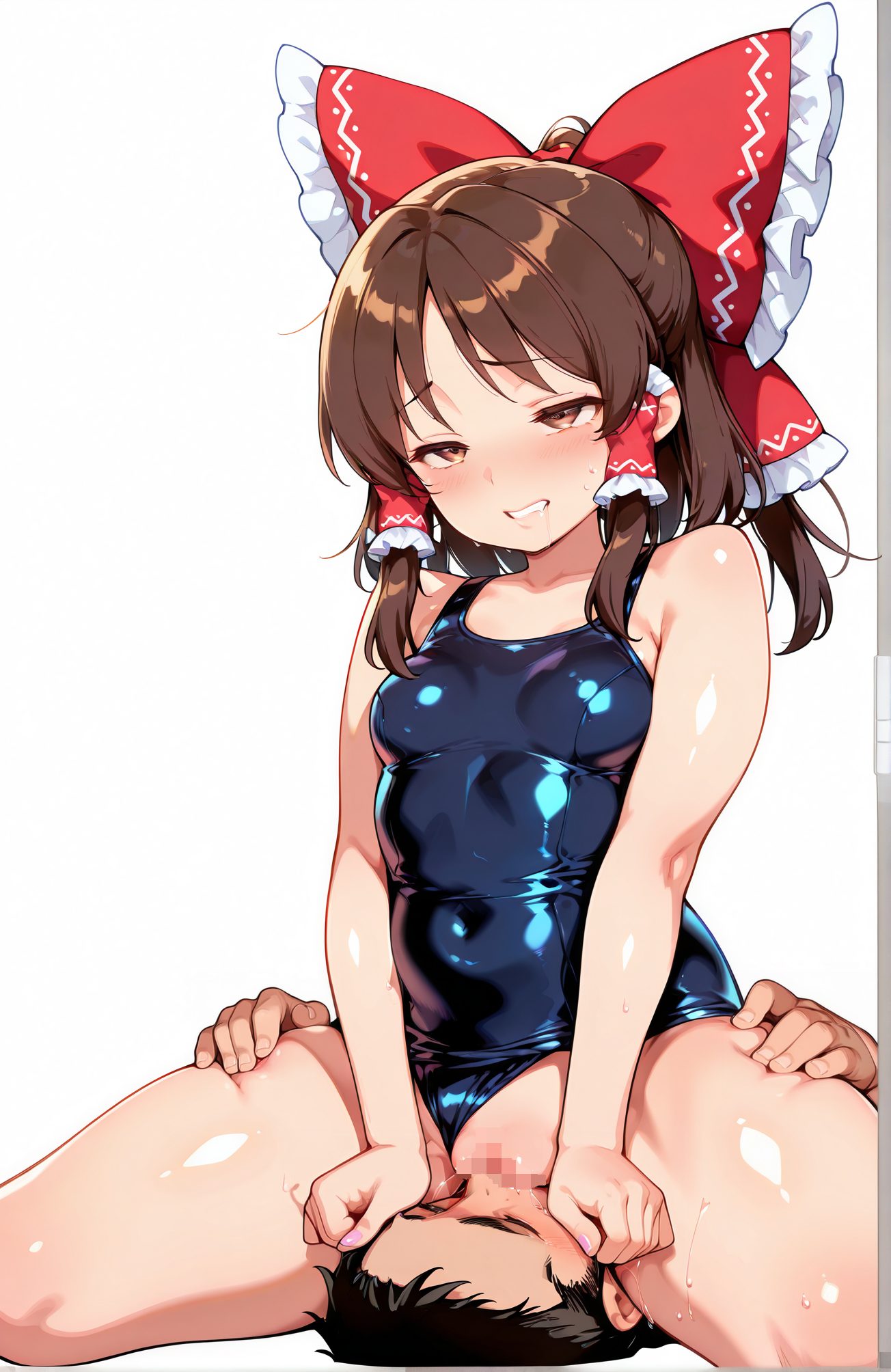explicit, 1girl, breasts, blush, smile, bangs, simple_background, brown_hair, black_hair, 1boy, white_background, bow, bare_shoulders, brown_eyes, sitting, collarbone, swimsuit, hetero, hair_bow, sidelocks, thighs, sweat, small_breasts, frills, pussy, solo_focus, shiny, medium_hair, grin, red_bow, one-piece_swimsuit, bare_arms, uncensored, covered_navel, thick_thighs, hair_tubes, oral, school_swimsuit, girl_on_top, clothing_aside, faceless, faceless_male, blue_one-piece_swimsuit, sitting_on_person, femdom, cunnilingus, frilled_bow, thigh_grab, swimsuit_aside, sitting_on_face, hakurei_reimu, 赤面, 笑顔, 前髪, 茶髪, 黒髪, ボウ, 肩出し, 座り, 鎖骨, 水着, 髪ボウ, サイドロック, 汗, 小さな胸, 光沢, 赤リボン, ワンピース水着, 無修正, オーラル, 学校水着, 女上位, 衣服ずらし, クンニリングス, 水着ずらし, 博麗霊夢