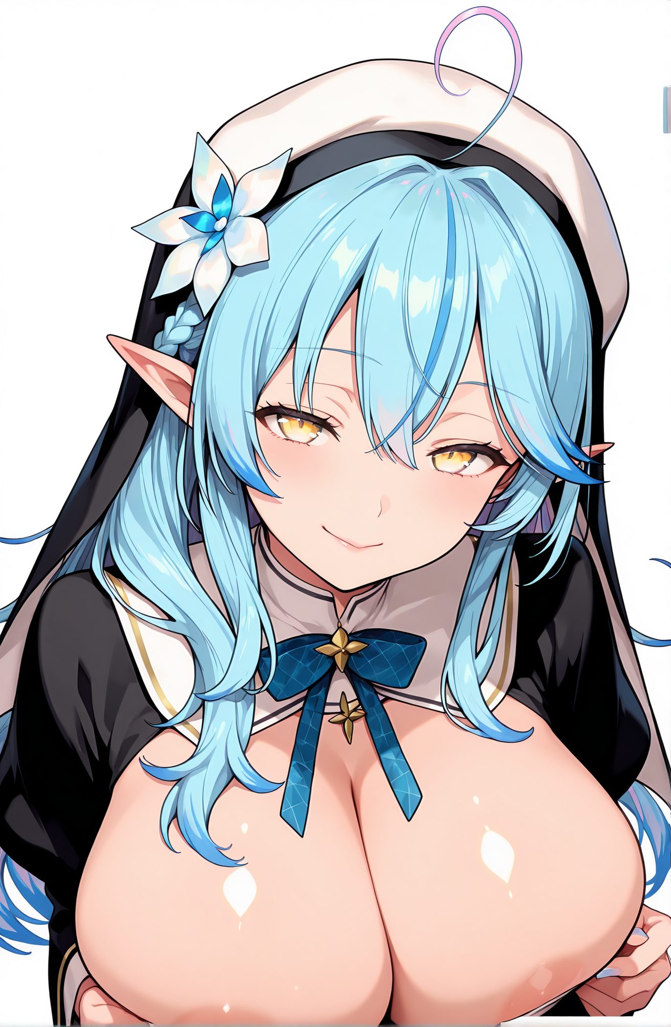 questionable, 1girl, solo, long_hair, breasts, looking_at_viewer, blush, smile, bangs, large_breasts, simple_background, hair_ornament, hat, white_background, cleavage, hair_between_eyes, closed_mouth, blue_hair, yellow_eyes, upper_body, braid, flower, ahoge, multicolored_hair, pointy_ears, virtual_youtuber, hair_flower, streaked_hair, shiny_skin, beret, white_headwear, elf, areola_slip, nun, colored_tips, heart_ahoge, yukihana_lamy, 長い髪, 赤面, 笑顔, 前髪, 大きな胸, 髪飾り, 帽子, 目にかかる髪, 口閉じ, 青髪, アホ毛, 多色髪, バーチャルYouTuber, 髪の花, 光沢肌, ベレー帽, 白頭飾, 雪花ラミィ, 雪花ラミィ_posted