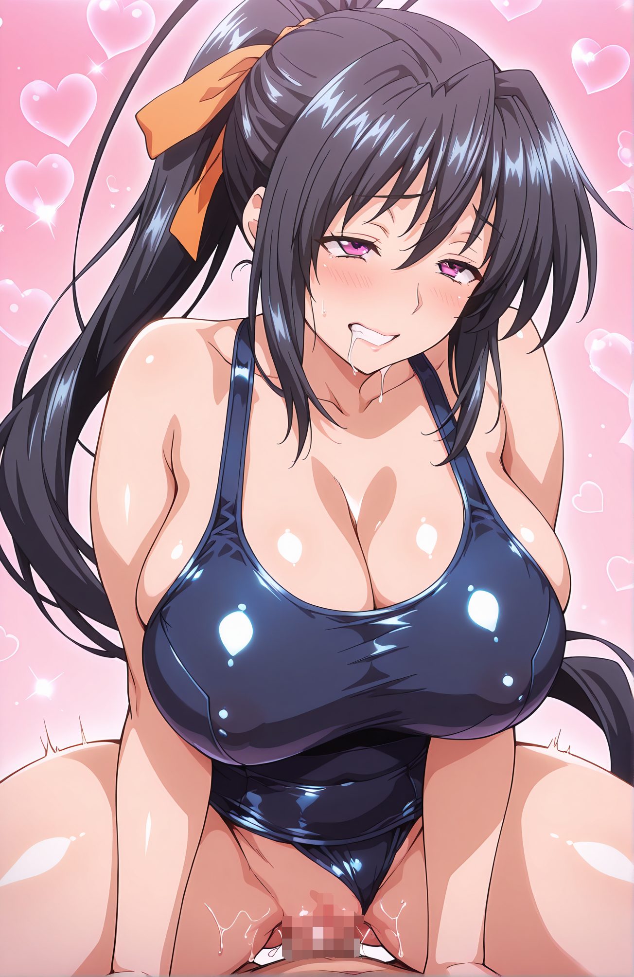 explicit, 1girl, long_hair, breasts, blush, large_breasts, black_hair, 1boy, ribbon, cleavage, very_long_hair, purple_eyes, collarbone, swimsuit, hair_ribbon, ponytail, hetero, heart, penis, teeth, pussy, solo_focus, shiny, sex, huge_breasts, vaginal, covered_nipples, one-piece_swimsuit, symbol-shaped_pupils, pubic_hair, saliva, uncensored, pussy_juice, heart-shaped_pupils, school_swimsuit, straddling, girl_on_top, clenched_teeth, drooling, clothing_aside, cowgirl_position, clothed_sex, blue_one-piece_swimsuit, clitoris, swimsuit_aside, himejima_akeno, 長い髪, 赤面, 大きな胸, 黒髪, リボン, とても長い髪, 鎖骨, 水着, 髪リボン, ポニーテール, 光沢, セックス, 巨大な胸, 膣内, ワンピース水着, よだれ, 無修正, 愛液, ハート目, 学校水着, 跨がり, 女上位, 歯食いしばり, 衣服ずらし, 騎乗位, 着衣セックス, 水着ずらし, 姫島朱乃