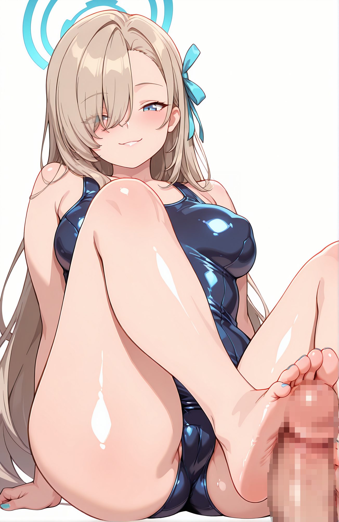 explicit, 1girl, long_hair, breasts, looking_at_viewer, blush, smile, bangs, blue_eyes, large_breasts, simple_background, 1boy, white_background, ribbon, bare_shoulders, sitting, very_long_hair, swimsuit, hair_ribbon, ass, hetero, thighs, penis, barefoot, solo_focus, alternate_costume, shiny, nail_polish, hair_over_one_eye, grin, feet, one-piece_swimsuit, bare_legs, uncensored, toes, cameltoe, swept_bangs, halo, erection, school_swimsuit, light_brown_hair, blue_ribbon, blue_nails, veins, toenails, shiny_clothes, blue_one-piece_swimsuit, veiny_penis, toenail_polish, footjob, asuna_(blue_archive), 長い髪, 赤面, 笑顔, 前髪, 青い目, 大きな胸, リボン, 肩出し, 座り, とても長い髪, 水着, 髪リボン, 光沢, ワンピース水着, 無修正, 学校水着, アスナ（ブルーアーカイブ）