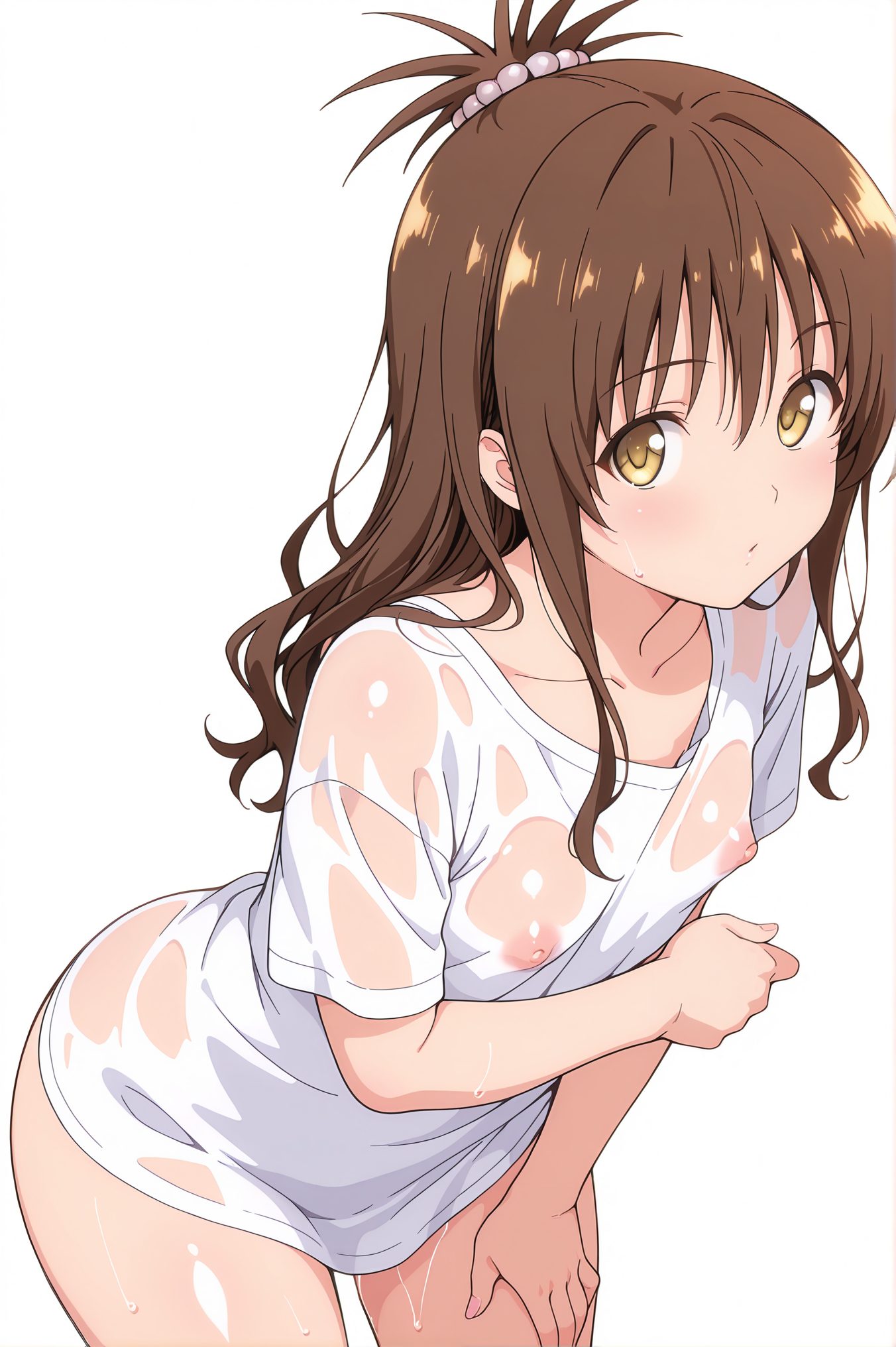 questionable, 1girl, solo, long_hair, breasts, looking_at_viewer, blush, bangs, simple_background, brown_hair, shirt, hair_ornament, white_background, brown_eyes, nipples, collarbone, yellow_eyes, white_shirt, short_sleeves, cowboy_shot, small_breasts, shiny, covered_nipples, wet, see-through, no_bra, leaning_forward, t-shirt, wet_clothes, naked_shirt, wet_shirt, hand_on_own_thigh, yuuki_mikan, 長い髪, 赤面, 前髪, 茶髪, シャツ, 髪飾り, 乳首, 鎖骨, 白シャツ, 小さな胸, 光沢, 結城美柑