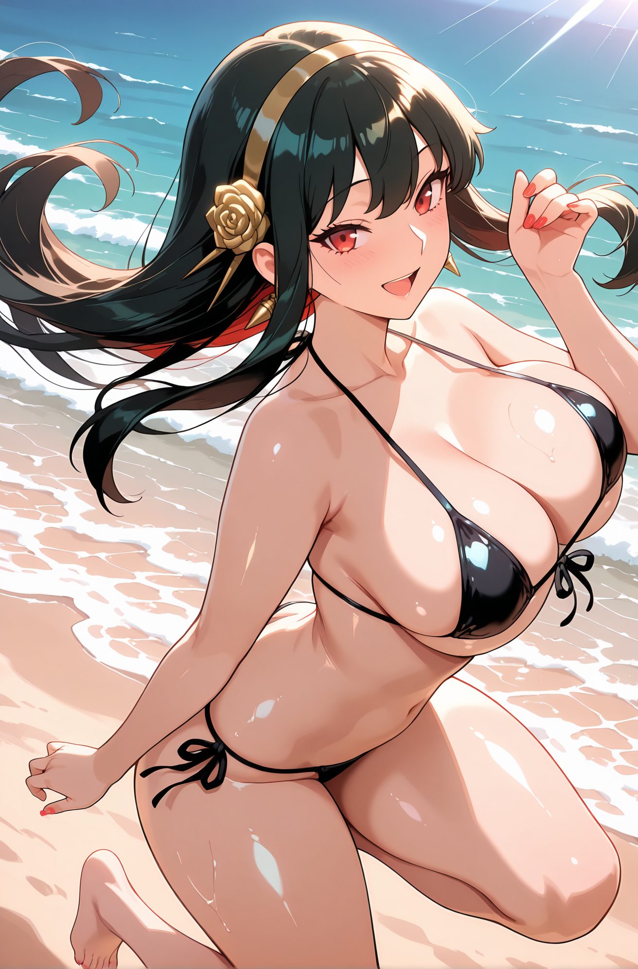 sensitive, 1girl, solo, long_hair, breasts, looking_at_viewer, blush, smile, open_mouth, bangs, large_breasts, black_hair, hair_ornament, red_eyes, navel, cleavage, bare_shoulders, jewelry, collarbone, swimsuit, flower, :d, sidelocks, bikini, thighs, hairband, earrings, outdoors, barefoot, day, hand_up, hair_flower, water, stomach, nail_polish, wet, skindentation, floating_hair, black_bikini, side-tie_bikini_bottom, rose, ocean, beach, front-tie_top, string_bikini, red_nails, sand, gold_earrings, gold_hairband, yor_briar, 長い髪, 赤面, 笑顔, 口開き, 前髪, 大きな胸, 黒髪, 髪飾り, 赤い目, 肩出し, ジュエリー, 鎖骨, 水着, サイドロック, ビキニ, ヘアバンド, イヤリング, 髪の花, フロントタイトップ, ストリングビキニ, ヨル・ブライア
