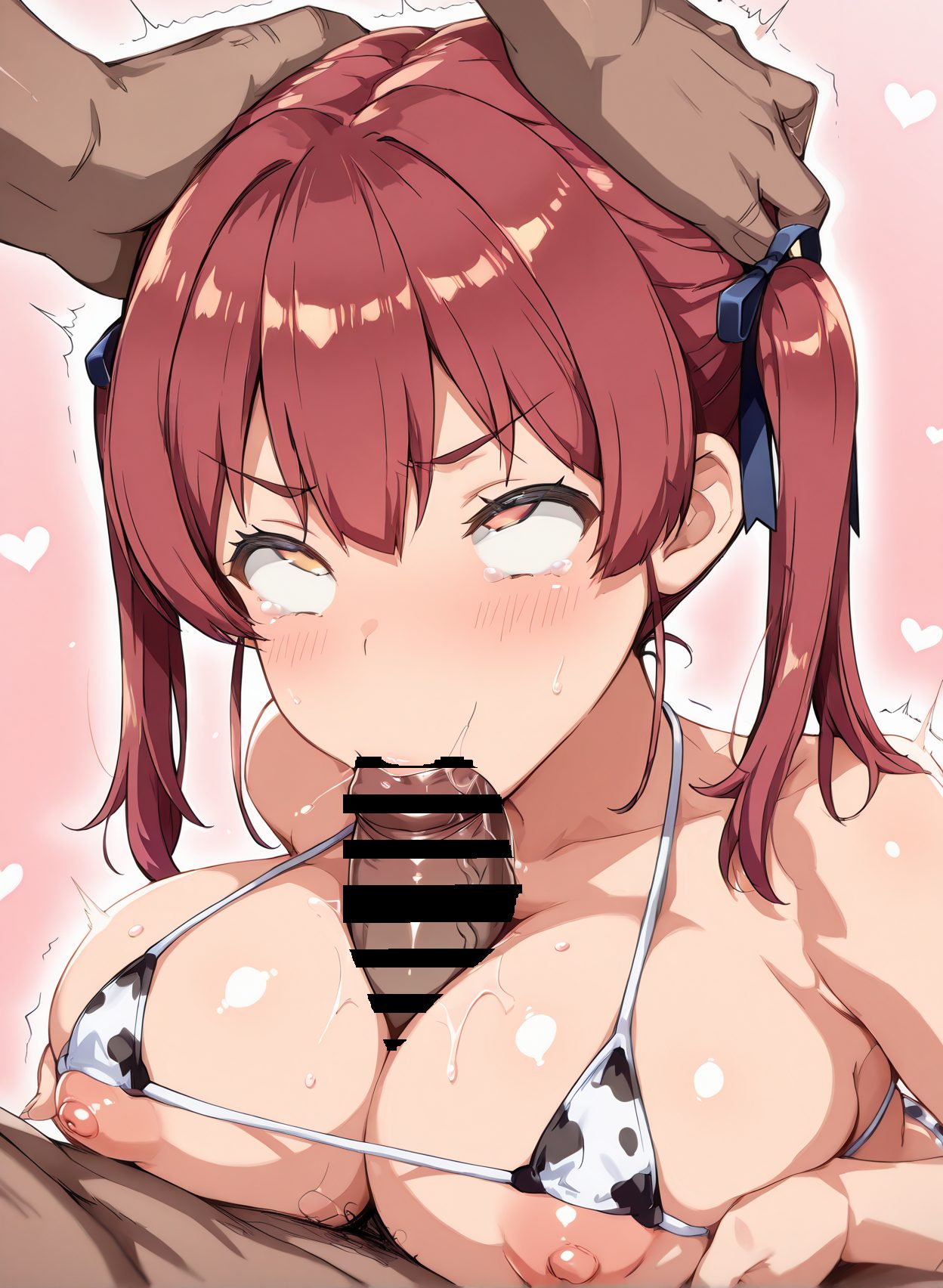 explicit, 1girl, long_hair, breasts, blush, bangs, large_breasts, red_eyes, 1boy, ribbon, twintails, nipples, collarbone, swimsuit, hair_ribbon, yellow_eyes, hetero, heart, bikini, red_hair, penis, solo_focus, virtual_youtuber, tears, dark_skin, pubic_hair, saliva, uncensored, heterochromia, oral, dark-skinned_male, trembling, fellatio, animal_print, male_pubic_hair, micro_bikini, paizuri, veins, hand_on_another's_head, interracial, veiny_penis, cow_print, houshou_marine, 赤面, 乳首, ツインテール, パイズリ, 水着, 牛柄ビキニ, ちんこ, 巨乳, マイクロビキニ, ぱっつん, フェラ, よだれ, ホロライブ, 宝鐘マリン, バーチャルYouTuber, 褐色肌
