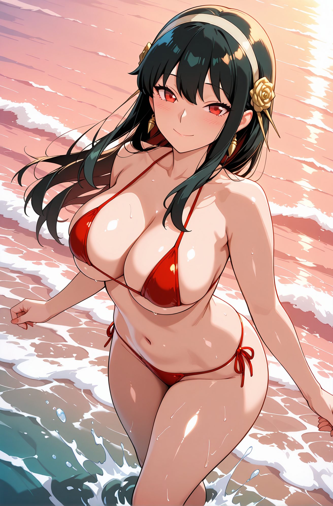 sensitive, 1girl, solo, long_hair, breasts, looking_at_viewer, blush, smile, bangs, large_breasts, black_hair, hair_ornament, red_eyes, navel, cleavage, bare_shoulders, jewelry, closed_mouth, collarbone, swimsuit, flower, sidelocks, bikini, thighs, hairband, earrings, outdoors, hair_flower, water, stomach, wet, bare_arms, skindentation, floating_hair, side-tie_bikini_bottom, rose, ocean, beach, string_bikini, wading, red_bikini, gold_earrings, gold_hairband, yor_briar, 長い髪, 赤面, 笑顔, 前髪, 大きな胸, 黒髪, 髪飾り, 赤い目, 肩出し, ジュエリー, 口閉じ, 鎖骨, 水着, サイドロック, ビキニ, ヘアバンド, イヤリング, 髪の花, ストリングビキニ, ヨル・ブライア