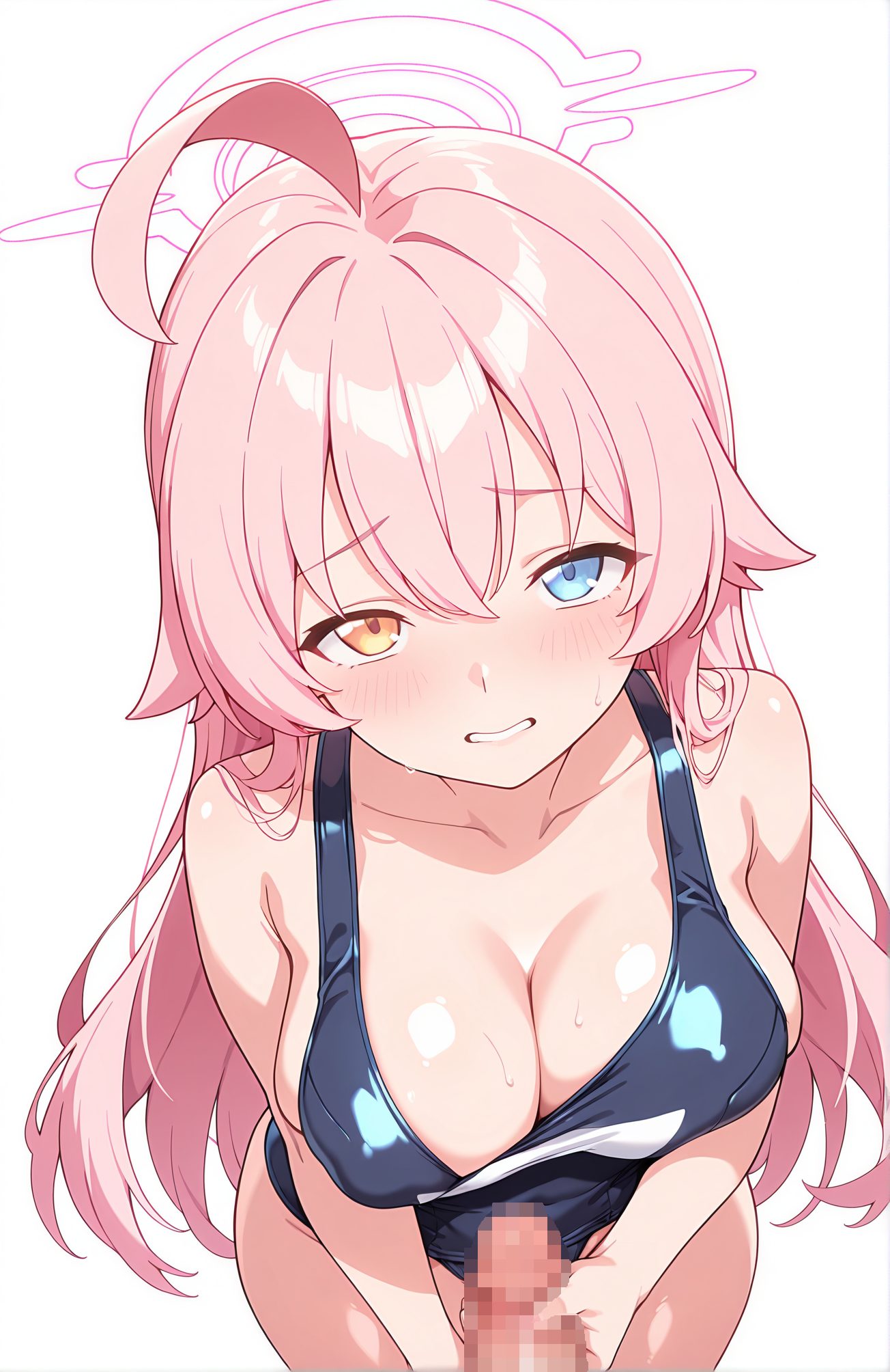 explicit, 1girl, long_hair, breasts, looking_at_viewer, blush, bangs, blue_eyes, large_breasts, simple_background, 1boy, white_background, cleavage, hair_between_eyes, bare_shoulders, collarbone, swimsuit, yellow_eyes, pink_hair, ahoge, hetero, sweat, penis, teeth, solo_focus, covered_nipples, orange_eyes, one-piece_swimsuit, uncensored, pov, heterochromia, halo, erection, school_swimsuit, clenched_teeth, handjob, blue_one-piece_swimsuit, hoshino_(blue_archive), 長い髪, 赤面, 前髪, 青い目, 大きな胸, 目にかかる髪, 肩出し, 鎖骨, 水着, ピンク髪, アホ毛, 汗, ワンピース水着, 無修正, 学校水着, 歯食いしばり, 手コキ, ホシノ（ブルーアーカイブ）, ok