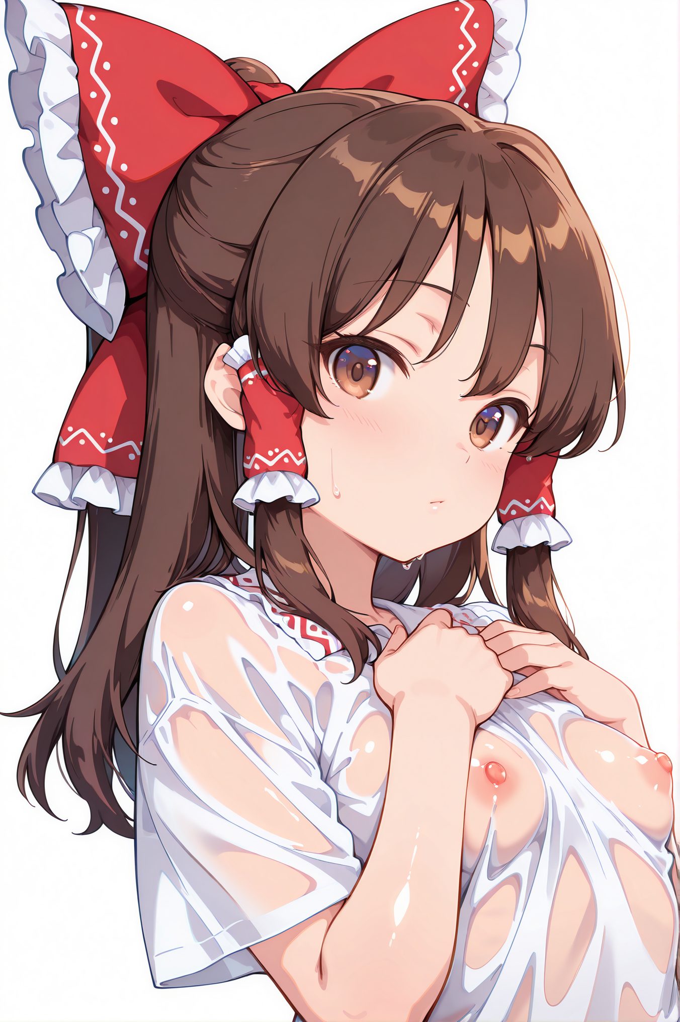 questionable, 1girl, solo, long_hair, breasts, looking_at_viewer, blush, bangs, simple_background, brown_hair, shirt, white_background, bow, brown_eyes, closed_mouth, nipples, white_shirt, upper_body, short_sleeves, hair_bow, sidelocks, small_breasts, frills, red_bow, wet, see-through, no_bra, hair_tubes, wet_clothes, hands_on_own_chest, wet_shirt, frilled_bow, hakurei_reimu, 長い髪, 赤面, 前髪, 茶髪, シャツ, ボウ, 口閉じ, 乳首, 白シャツ, 髪ボウ, サイドロック, 小さな胸, 赤リボン, 博麗霊夢, ok