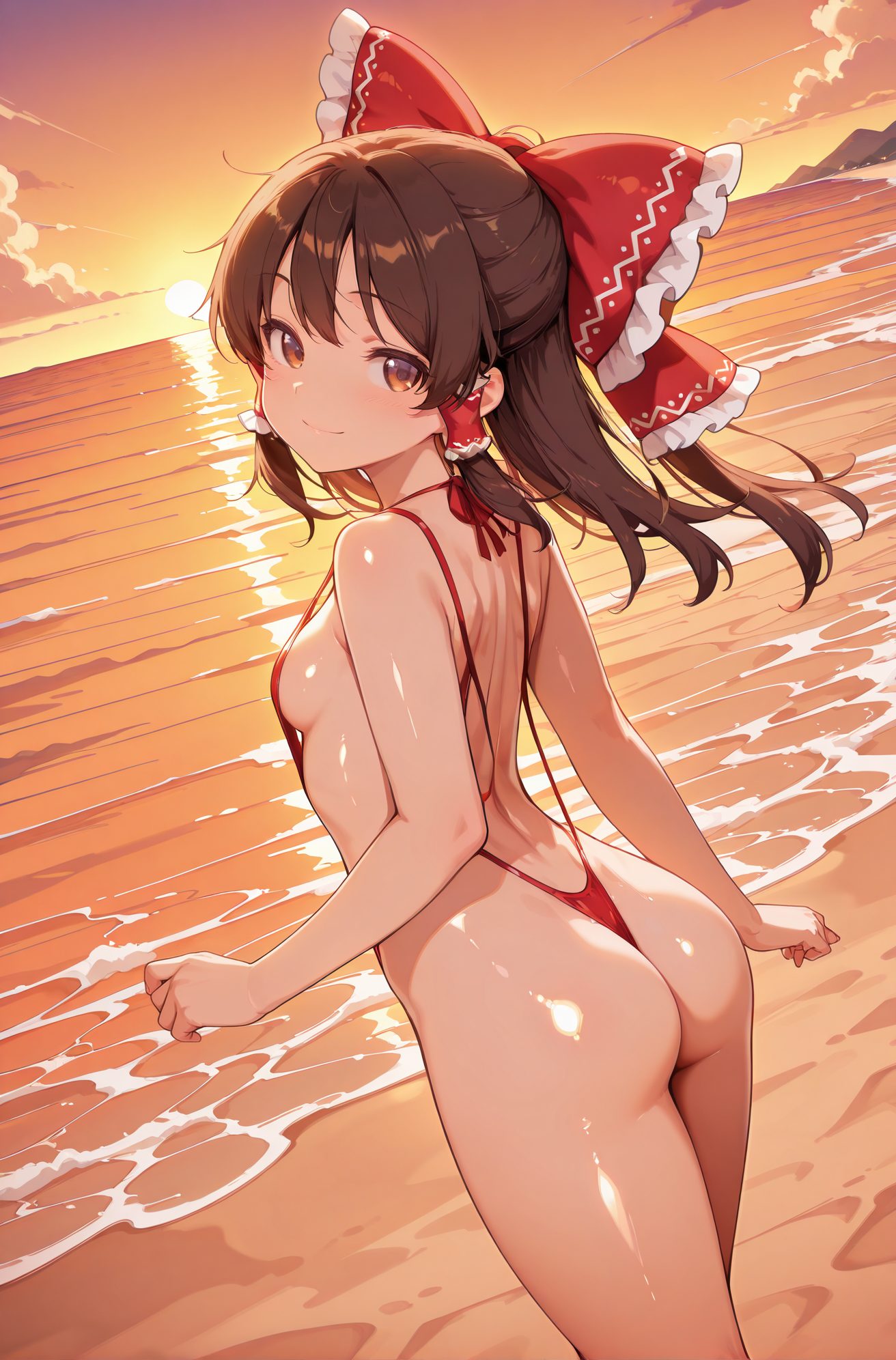 questionable, 1girl, solo, long_hair, breasts, looking_at_viewer, blush, smile, bangs, brown_hair, bow, bare_shoulders, brown_eyes, closed_mouth, standing, swimsuit, ponytail, ass, hair_bow, small_breasts, outdoors, frills, sky, shiny, looking_back, cloud, water, from_behind, red_bow, one-piece_swimsuit, shiny_skin, bare_arms, dutch_angle, sideboob, ocean, beach, hair_tubes, sunset, horizon, slingshot_swimsuit, frilled_bow, red_one-piece_swimsuit, hakurei_reimu, 長い髪, 赤面, 笑顔, 前髪, 茶髪, ボウ, 肩出し, 口閉じ, 水着, ポニーテール, 髪ボウ, 小さな胸, 光沢, 赤リボン, ワンピース水着, 光沢肌, 博麗霊夢, ok