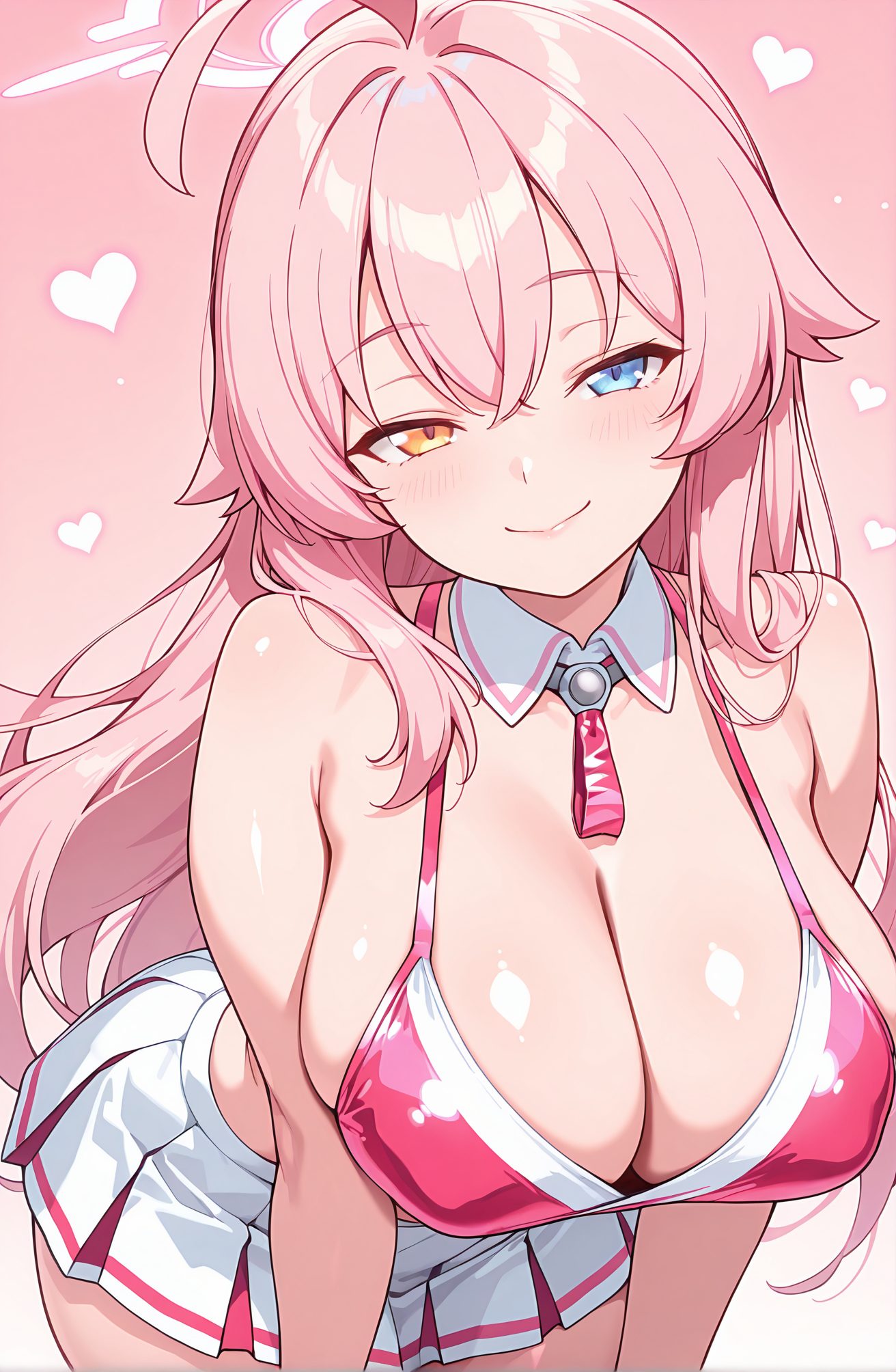 sensitive, 1girl, solo, long_hair, breasts, looking_at_viewer, blush, smile, bangs, blue_eyes, skirt, large_breasts, cleavage, bare_shoulders, closed_mouth, swimsuit, yellow_eyes, pink_hair, ahoge, heart, bikini, pleated_skirt, miniskirt, leaning_forward, detached_collar, heterochromia, halo, pink_background, white_skirt, pink_bikini, hoshino_(blue_archive), 長い髪, 赤面, 笑顔, 前髪, 青い目, スカート, 大きな胸, 肩出し, 口閉じ, 水着, ピンク髪, アホ毛, ビキニ, ミニスカート, ホシノ（ブルーアーカイブ）