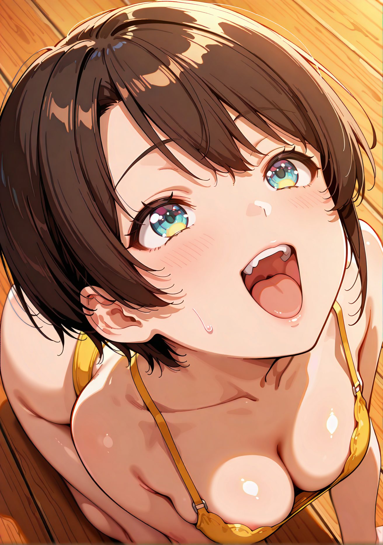 questionable, 1girl, solo, breasts, blush, short_hair, open_mouth, bangs, blue_eyes, brown_hair, cleavage, bare_shoulders, medium_breasts, underwear, collarbone, sweat, teeth, tongue, shiny, indoors, virtual_youtuber, tongue_out, bra, aqua_eyes, swept_bangs, from_above, looking_up, wooden_floor, downblouse, yellow_bra, oozora_subaru, 赤面, 短い髪, 口開き, 前髪, 青い目, 茶髪, 肩出し, 中くらいの胸, 下着, 鎖骨, 汗, 光沢, バーチャルYouTuber, 舌出し, ブラ, 大空スバル, 大空スバル_posted