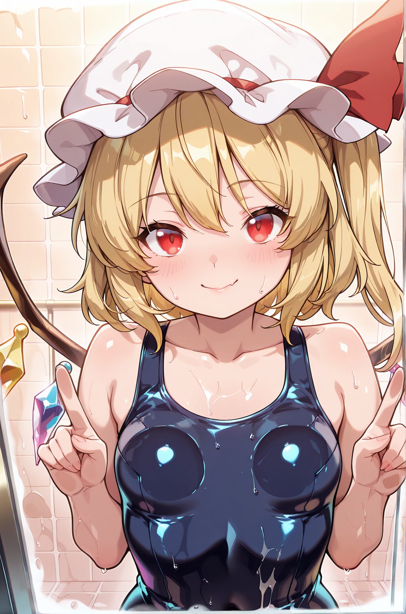 sensitive, 1girl, solo, breasts, looking_at_viewer, blush, smile, bangs, blonde_hair, red_eyes, hat, ribbon, hair_between_eyes, bare_shoulders, closed_mouth, collarbone, swimsuit, upper_body, small_breasts, wings, fang, shiny, indoors, water, shiny_hair, side_ponytail, red_ribbon, fingernails, wet, one-piece_swimsuit, shiny_skin, hands_up, bare_arms, covered_navel, white_headwear, one_side_up, school_swimsuit, mob_cap, hat_ribbon, hat_bow, wet_clothes, index_finger_raised, shiny_clothes, blue_one-piece_swimsuit, crystal, tiles, fang_out, tile_wall, wet_swimsuit, shower_(place), flandre_scarlet, 赤面, 笑顔, 前髪, 金髪, 赤い目, 帽子, リボン, 目にかかる髪, 肩出し, 口閉じ, 鎖骨, 水着, 小さな胸, 光沢, サイドポニーテール, 赤リボン, ワンピース水着, 光沢肌, 白頭飾, 片側アップ, 学校水着, モブキャップ, 帽子リボン, フランドール・スカーレット
