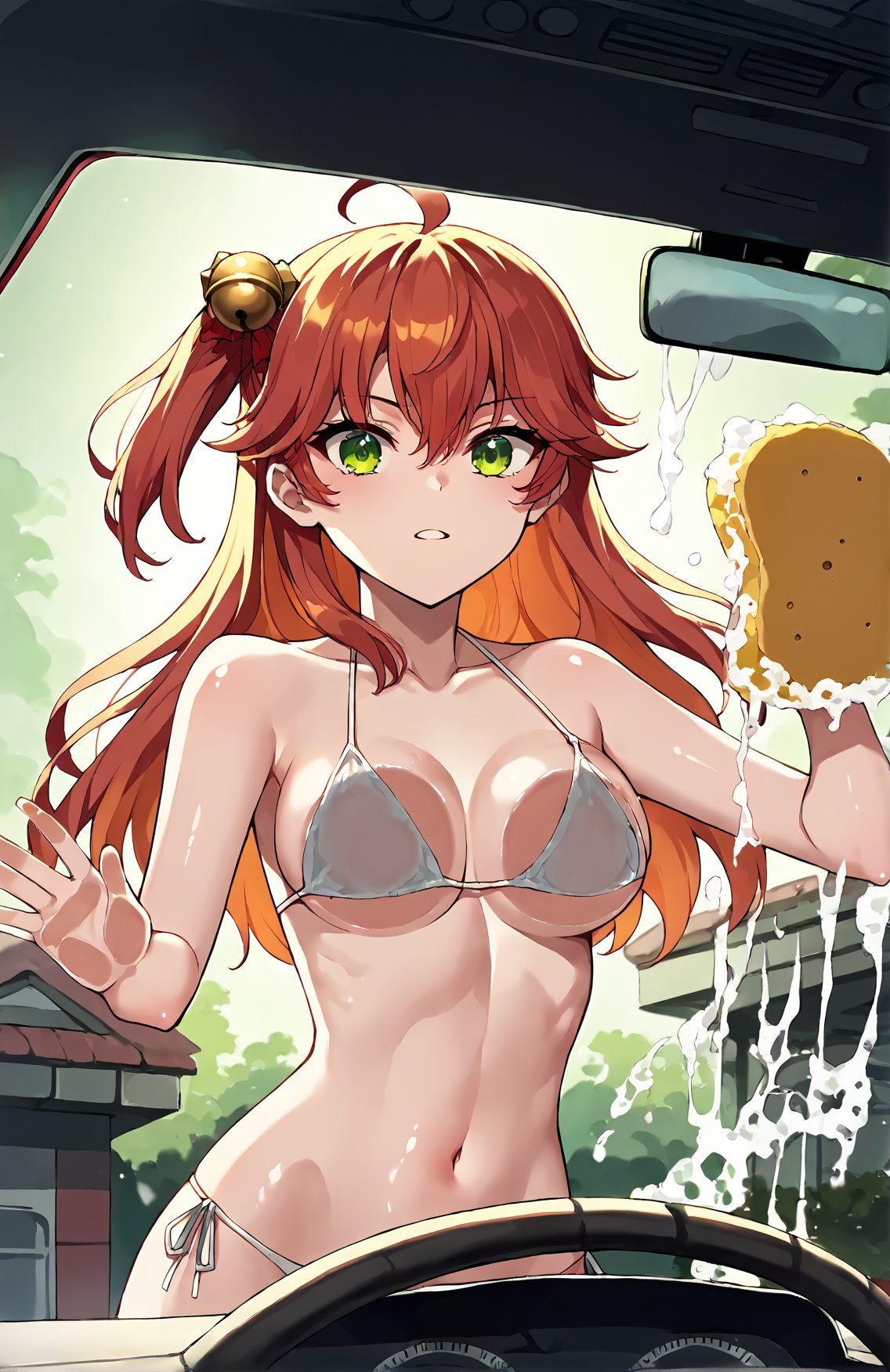 1girl, sakura miko, virtual youtuber, breasts, swimsuit, bell, bikini, green eyes, hair bell, solo, breast press, side-tie bikini bottom, long hair, ahoge, one side up, hair ornament, navel, looking at viewer, halterneck, against glass, hair between eyes, parted lips, string bikini, jingle bell, phone screen, stomach, white bikini, collarbone, red hair, bangs, breasts on glass, bare shoulders, blush, bare arms, holding, large breasts, medium breasts, ground vehicle, 赤面, 赤髪, 裸足, 水着, アホ毛, パイスラ, ロングヘア, 巨乳, おっぱい, ぱっつん, ホロライブ, さくらみこ, バーチャルYouTuber, ビキニ, 緑の目, パイズリ, 長い髪, 片側アップ, 髪飾り, 目にかかる髪, ストリングビキニ, 鎖骨, 前髪, 肩出し, 大きな胸, 中くらいの胸