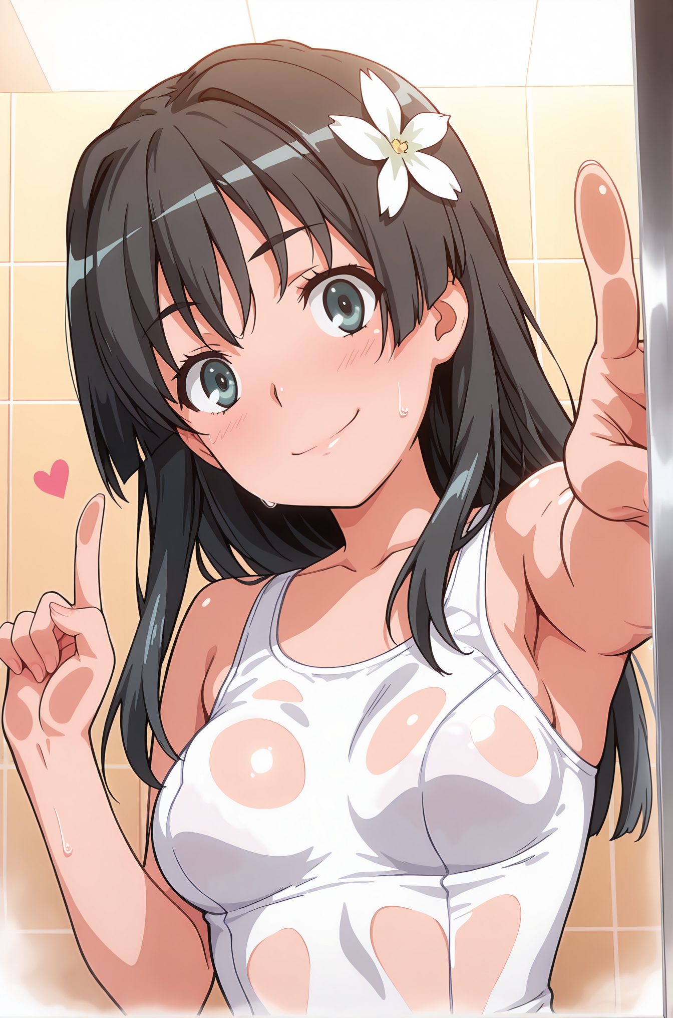 sensitive, 1girl, solo, long_hair, breasts, looking_at_viewer, blush, smile, bangs, black_hair, hair_ornament, bare_shoulders, medium_breasts, closed_mouth, green_eyes, collarbone, swimsuit, upper_body, flower, heart, hair_flower, armpits, wet, see-through, one-piece_swimsuit, wet_clothes, index_finger_raised, white_one-piece_swimsuit, tiles, tile_wall, saten_ruiko, 長い髪, 赤面, 笑顔, 前髪, 黒髪, 髪飾り, 肩出し, 中くらいの胸, 口閉じ, 緑の目, 鎖骨, 水着, 髪の花, ワンピース水着, 佐天涙子