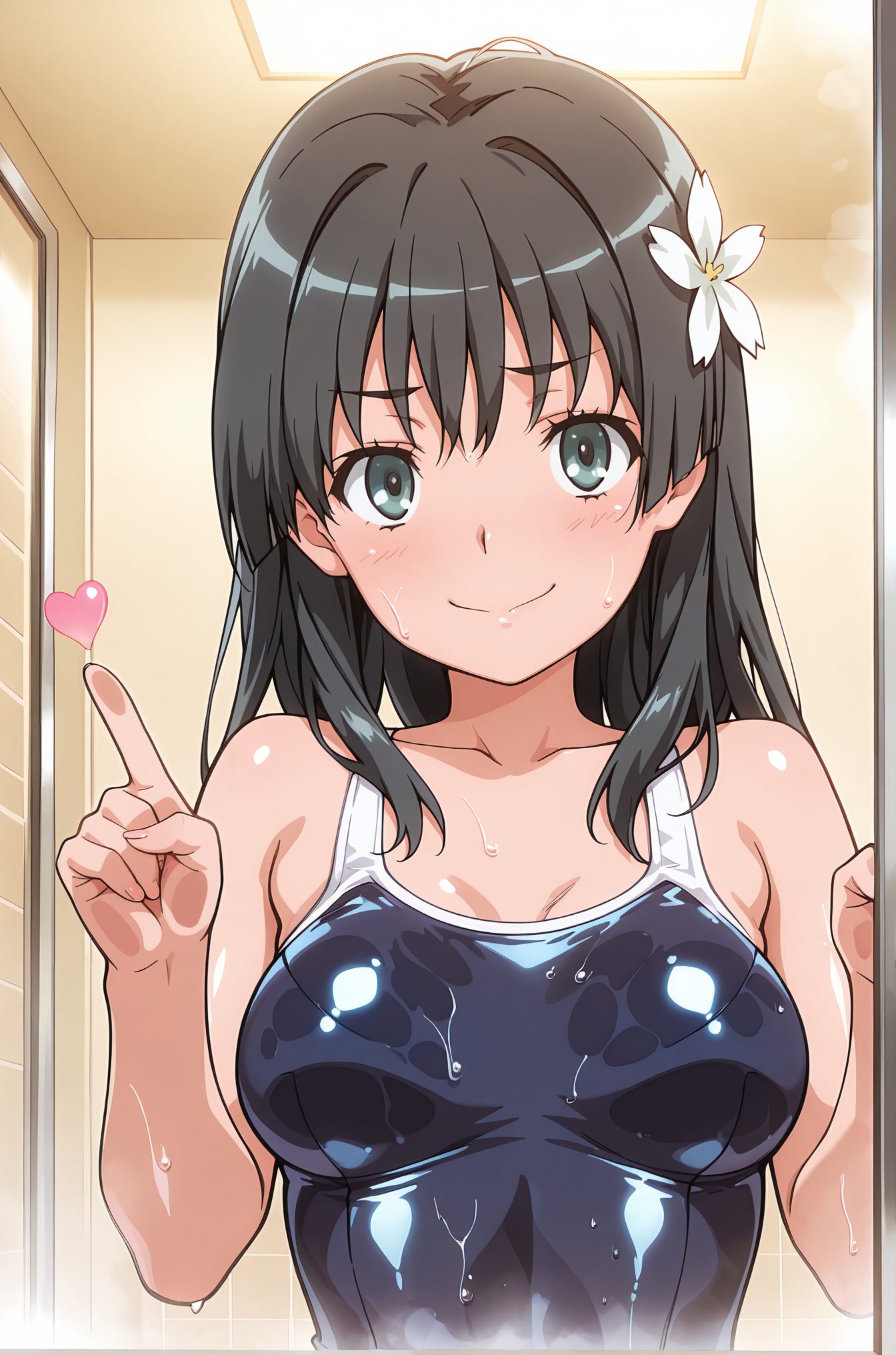 sensitive, 1girl, solo, long_hair, breasts, looking_at_viewer, blush, smile, bangs, black_hair, hair_ornament, medium_breasts, closed_mouth, green_eyes, collarbone, swimsuit, upper_body, flower, heart, shiny, indoors, hair_flower, wet, one-piece_swimsuit, school_swimsuit, white_flower, wet_clothes, index_finger_raised, shiny_clothes, blue_one-piece_swimsuit, competition_school_swimsuit, wet_swimsuit, saten_ruiko, 長い髪, 赤面, 笑顔, 前髪, 黒髪, 髪飾り, 中くらいの胸, 口閉じ, 緑の目, 鎖骨, 水着, 光沢, 髪の花, ワンピース水着, 学校水着, 競泳用スクール水着, 佐天涙子