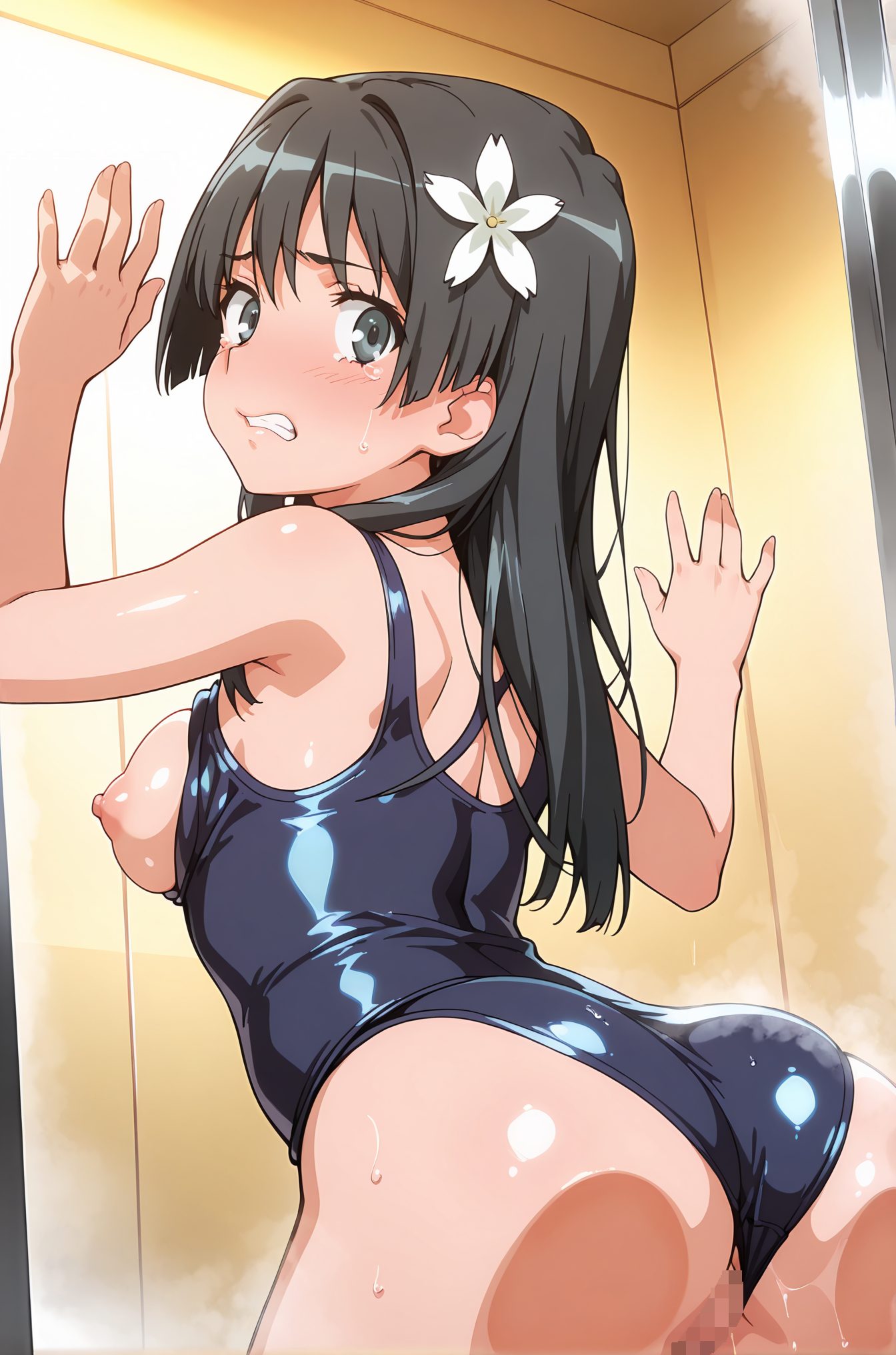 explicit, 1girl, solo, long_hair, breasts, looking_at_viewer, blush, bangs, black_hair, hair_ornament, 1boy, medium_breasts, nipples, green_eyes, swimsuit, ass, flower, hetero, teeth, pussy, shiny, looking_back, tears, hair_flower, from_behind, shiny_hair, one-piece_swimsuit, shiny_skin, pussy_juice, school_swimsuit, breasts_out, clenched_teeth, clothing_aside, shiny_clothes, blue_one-piece_swimsuit, against_wall, swimsuit_aside, saten_ruiko, 長い髪, 赤面, 前髪, 黒髪, 髪飾り, 中くらいの胸, 乳首, 緑の目, 水着, 光沢, 涙, 髪の花, ワンピース水着, 光沢肌, 愛液, 学校水着, 胸出し, 歯食いしばり, 衣服ずらし, 水着ずらし, 佐天涙子