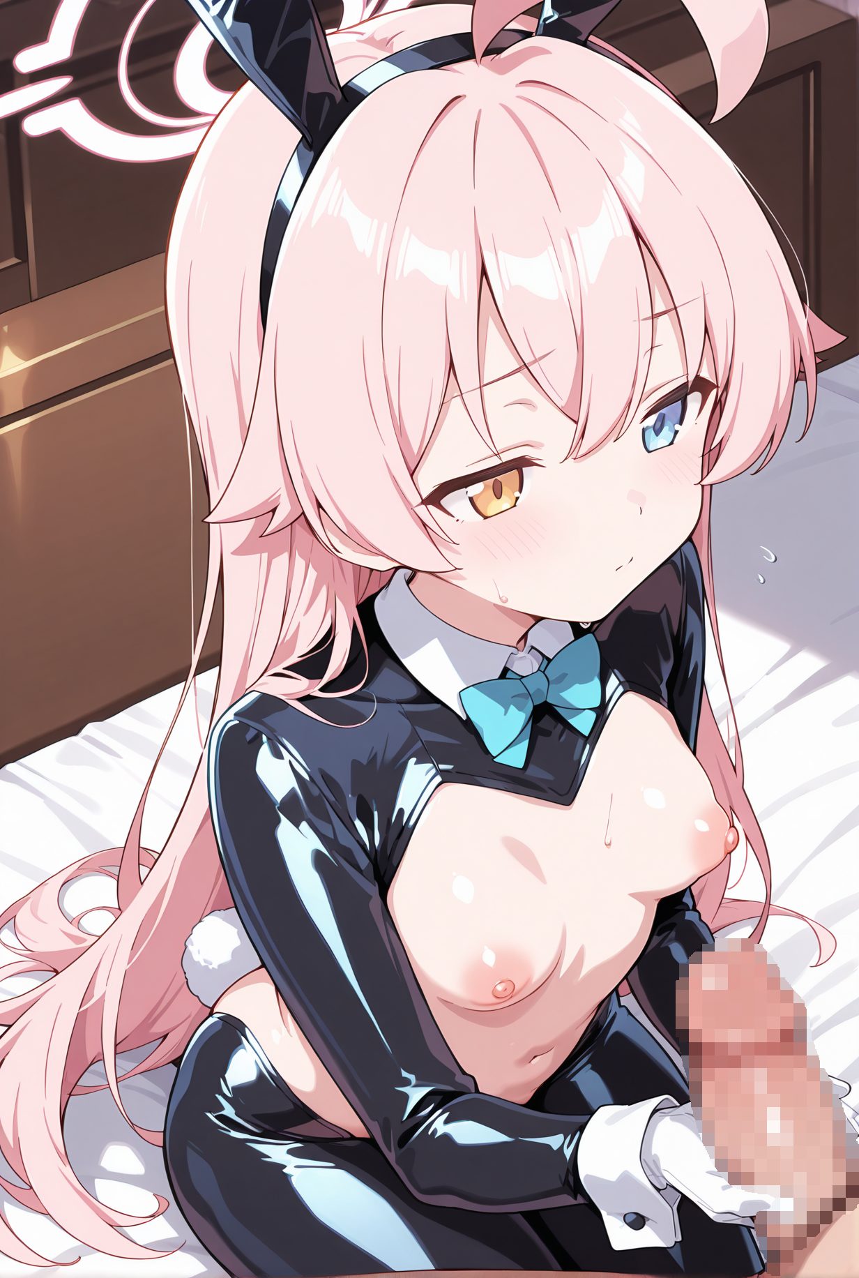 explicit, 1girl, long_hair, breasts, blush, blue_eyes, gloves, long_sleeves, 1boy, bow, navel, animal_ears, very_long_hair, closed_mouth, nipples, tail, yellow_eyes, pink_hair, ahoge, hetero, hairband, small_breasts, penis, solo_focus, white_gloves, bowtie, rabbit_ears, uncensored, fake_animal_ears, heterochromia, on_bed, halo, blue_bow, erection, rabbit_tail, handjob, meme_attire, fake_tail, blue_bowtie, shrug_(clothing), latex, reverse_outfit, gloved_handjob, reverse_bunnysuit, penis_grab, hoshino_(blue_archive), アホ毛, 手袋, 手コキ, うさ耳, 乳首, ちんこ, 獣耳, 貧乳, 長い髪, 赤面, 青い目, ボウ, 動物耳, とても長い髪, 口閉じ, ピンク髪, ヘアバンド, 小さな胸, 無修正, 偽動物耳, 手袋手コキ, リバースバニースーツ, ホシノ（ブルーアーカイブ）