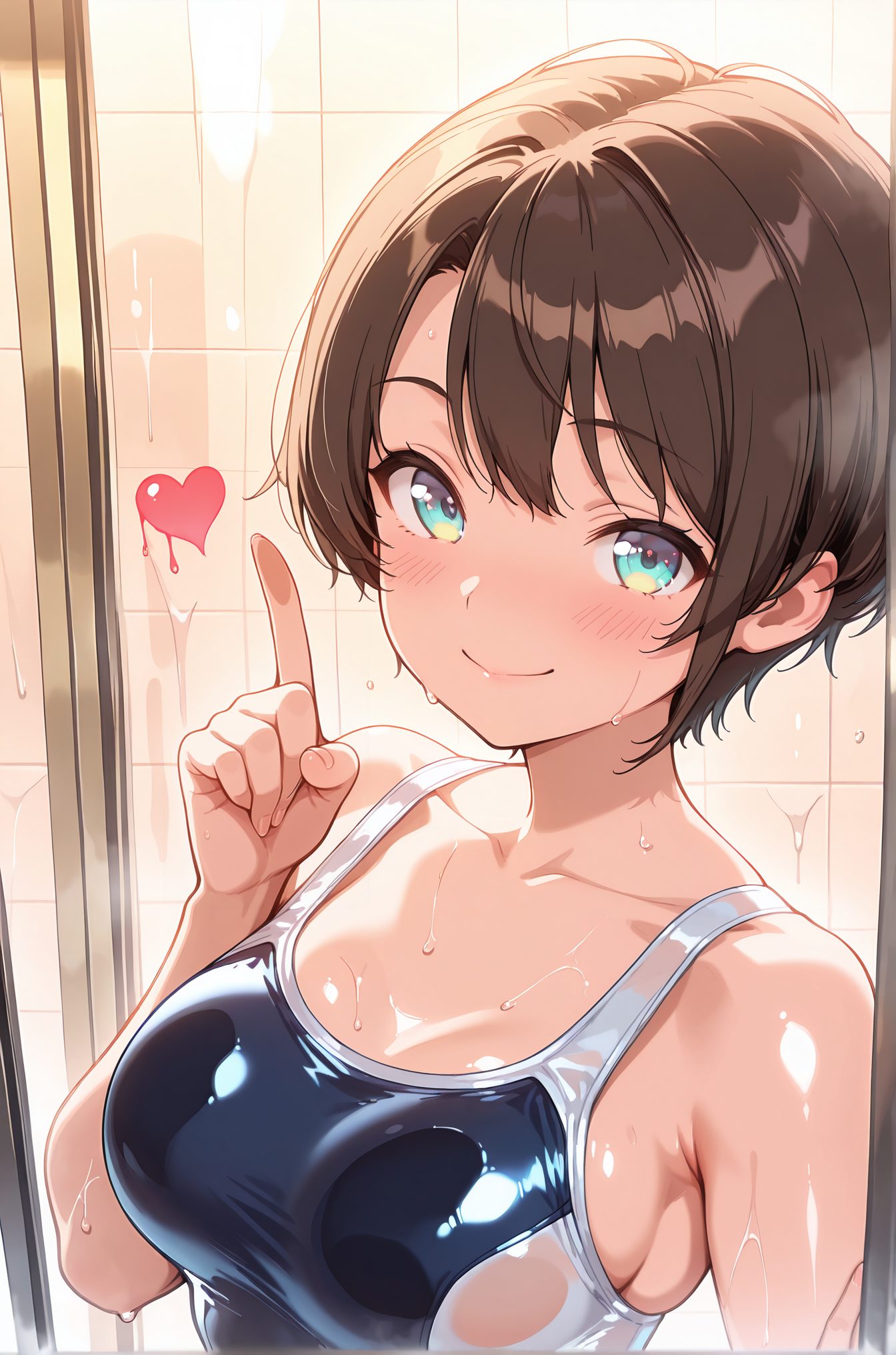 sensitive, 1girl, solo, breasts, looking_at_viewer, blush, smile, short_hair, bangs, brown_hair, cleavage, bare_shoulders, medium_breasts, closed_mouth, collarbone, swimsuit, upper_body, heart, shiny, virtual_youtuber, hand_up, aqua_eyes, wet, one-piece_swimsuit, swept_bangs, school_swimsuit, wet_clothes, index_finger_raised, shiny_clothes, tiles, wet_hair, tile_wall, wet_swimsuit, oozora_subaru, 赤面, 笑顔, 短い髪, 前髪, 茶髪, 肩出し, 中くらいの胸, 口閉じ, 鎖骨, 水着, 光沢, バーチャルYouTuber, ワンピース水着, 学校水着, 大空スバル, 大空スバル_posted