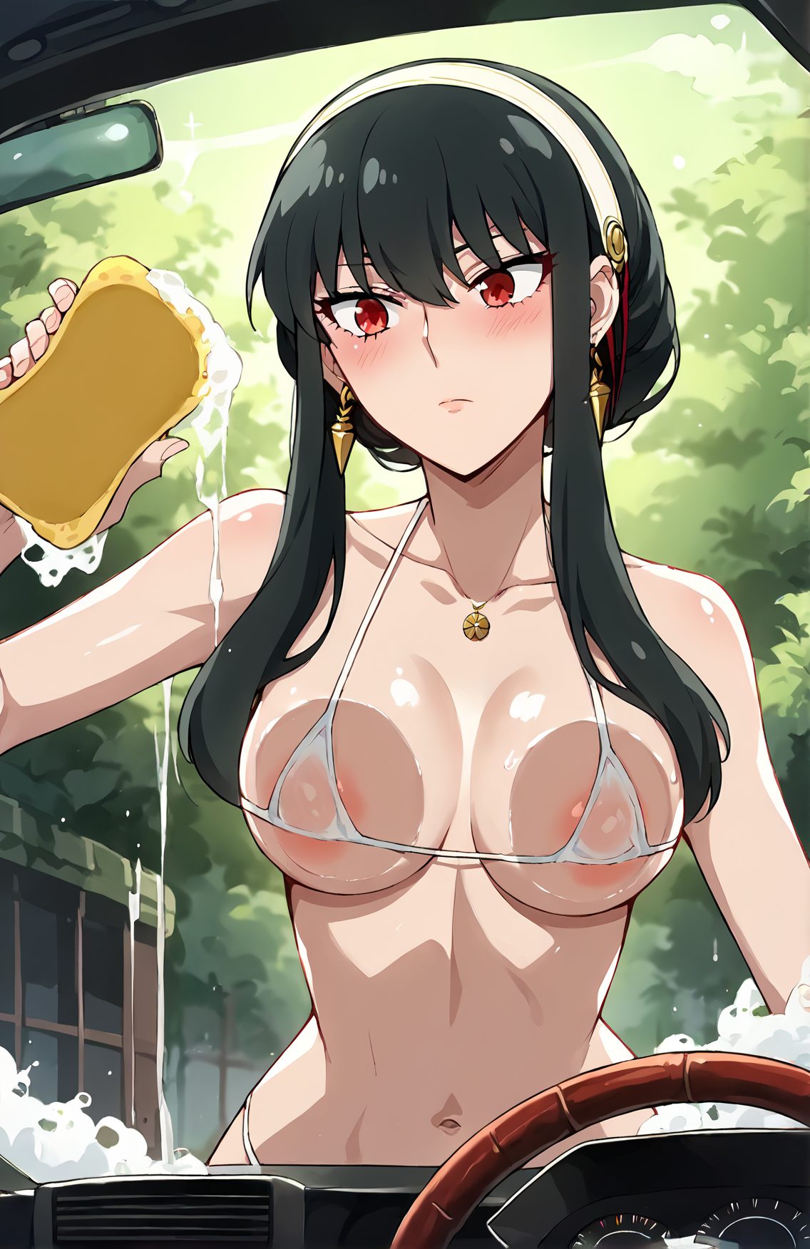 1girl, breasts, swimsuit, bikini, breast press, solo, jewelry, red eyes, yor briar, earrings, against glass, blush, hairband, black hair, navel, micro bikini, areola slip, sidelocks, large breasts, ground vehicle, holding, sponge, breasts on glass, gold earrings, closed mouth, white bikini, white hairband, stomach, collarbone, upper body, nipples, washing, wet, necklace, long hair, bangs, short hair with long locks, motor vehicle, soap, car, covered nipples, cleaning, 赤面, 乳首, 黒髪, 乳首チラ, 水着, 赤目, パイスラ, ロングヘア, 巨乳, マイクロビキニ, おっぱい, ぱっつん, SPY×FAMILY, ビキニ, パイズリ, ジュエリー, 赤い目, ヨル・ブライア, イヤリング, ヘアバンド, サイドロック, 大きな胸, 口閉じ, 鎖骨, ネックレス, 長い髪, 前髪