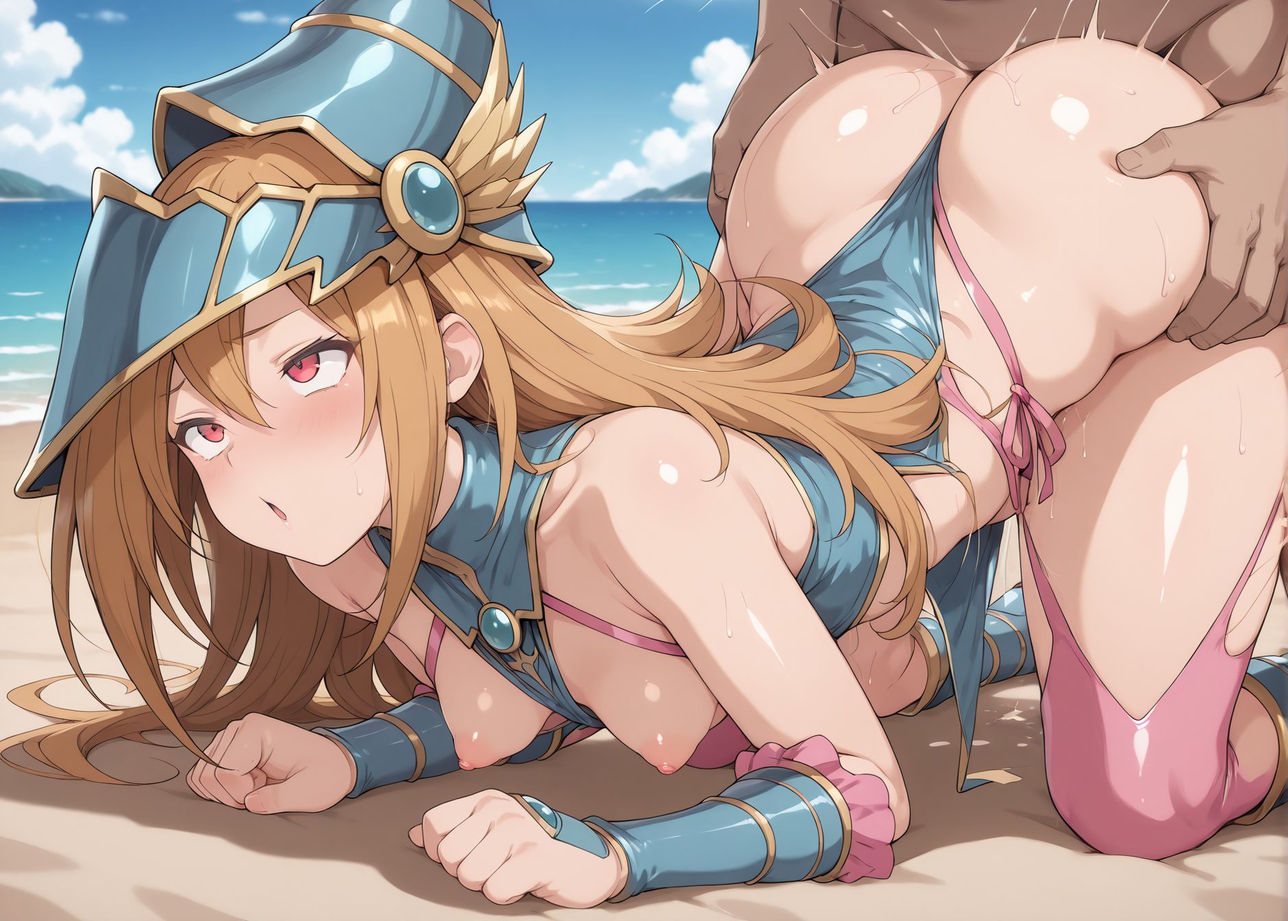 explicit, 1girl, long_hair, breasts, blush, open_mouth, bangs, blonde_hair, red_eyes, 1boy, hat, hair_between_eyes, bare_shoulders, medium_breasts, nipples, swimsuit, ass, hetero, nude, sweat, outdoors, sky, solo_focus, day, cloud, sex, ocean, beach, breasts_out, sex_from_behind, all_fours, blue_headwear, clothed_sex, doggystyle, ass_grab, ahegao, rolling_eyes, アヘ顔, 赤面, 恥じらい, イキ顔, 裸, 乳首, 尻, オホ顔, 帽子, 水着, 汗, 露出, 後背位, セックス, ぱっつん, バック