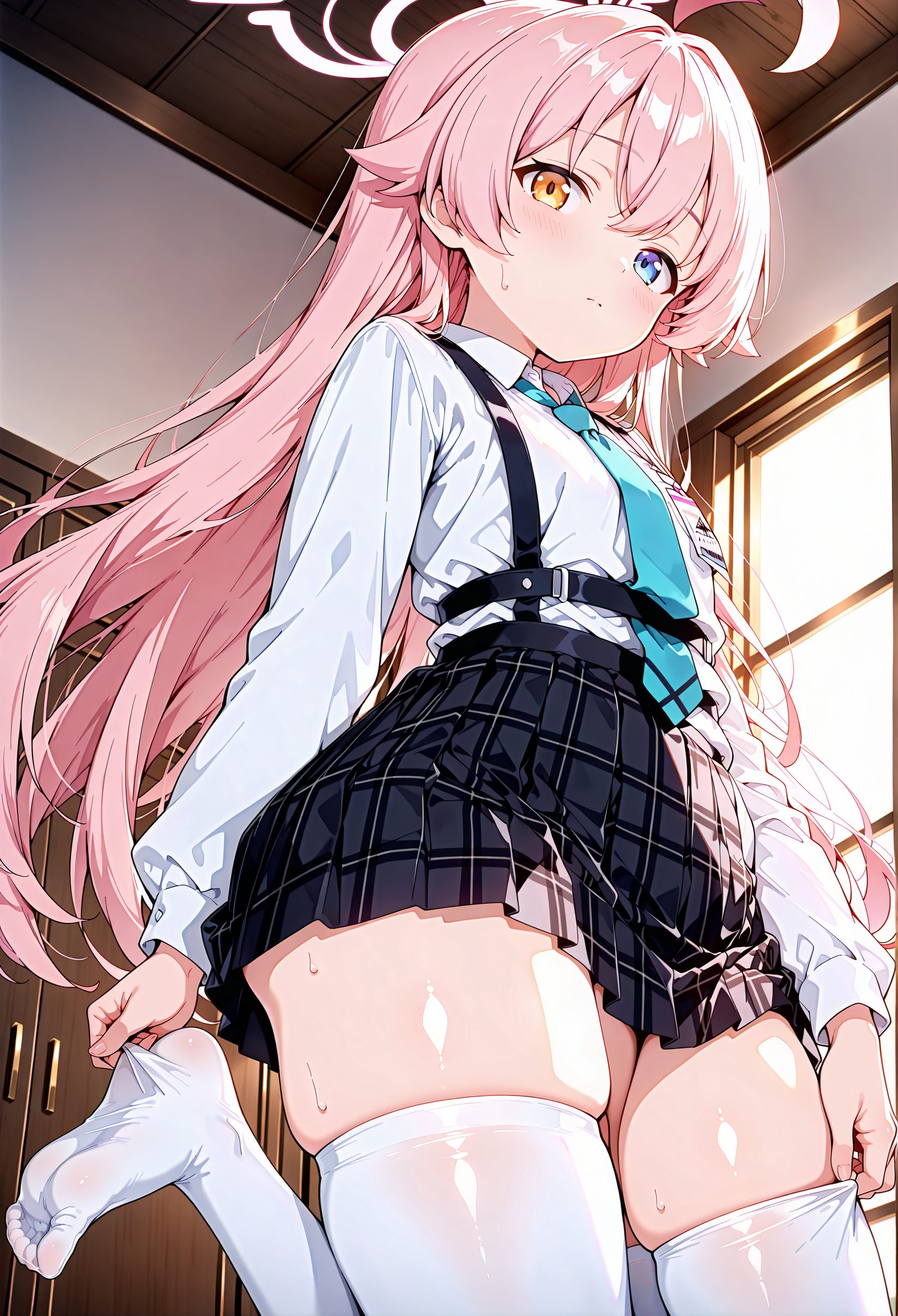 sensitive, 1girl, solo, long_hair, looking_at_viewer, blush, bangs, blue_eyes, skirt, shirt, thighhighs, long_sleeves, very_long_hair, closed_mouth, standing, yellow_eyes, white_shirt, pink_hair, ahoge, thighs, sweat, pleated_skirt, necktie, collared_shirt, indoors, black_skirt, sweatdrop, feet, white_thighhighs, plaid, skindentation, heterochromia, halo, plaid_skirt, no_shoes, blue_necktie, adjusting_clothes, harness, chest_harness, hoshino_(blue_archive), 長い髪, 赤面, 前髪, 青い目, スカート, シャツ, 太ももハイソックス, とても長い髪, 口閉じ, 白シャツ, ピンク髪, アホ毛, 汗, 汗滴, チェストハーネス, ホシノ（ブルーアーカイブ）