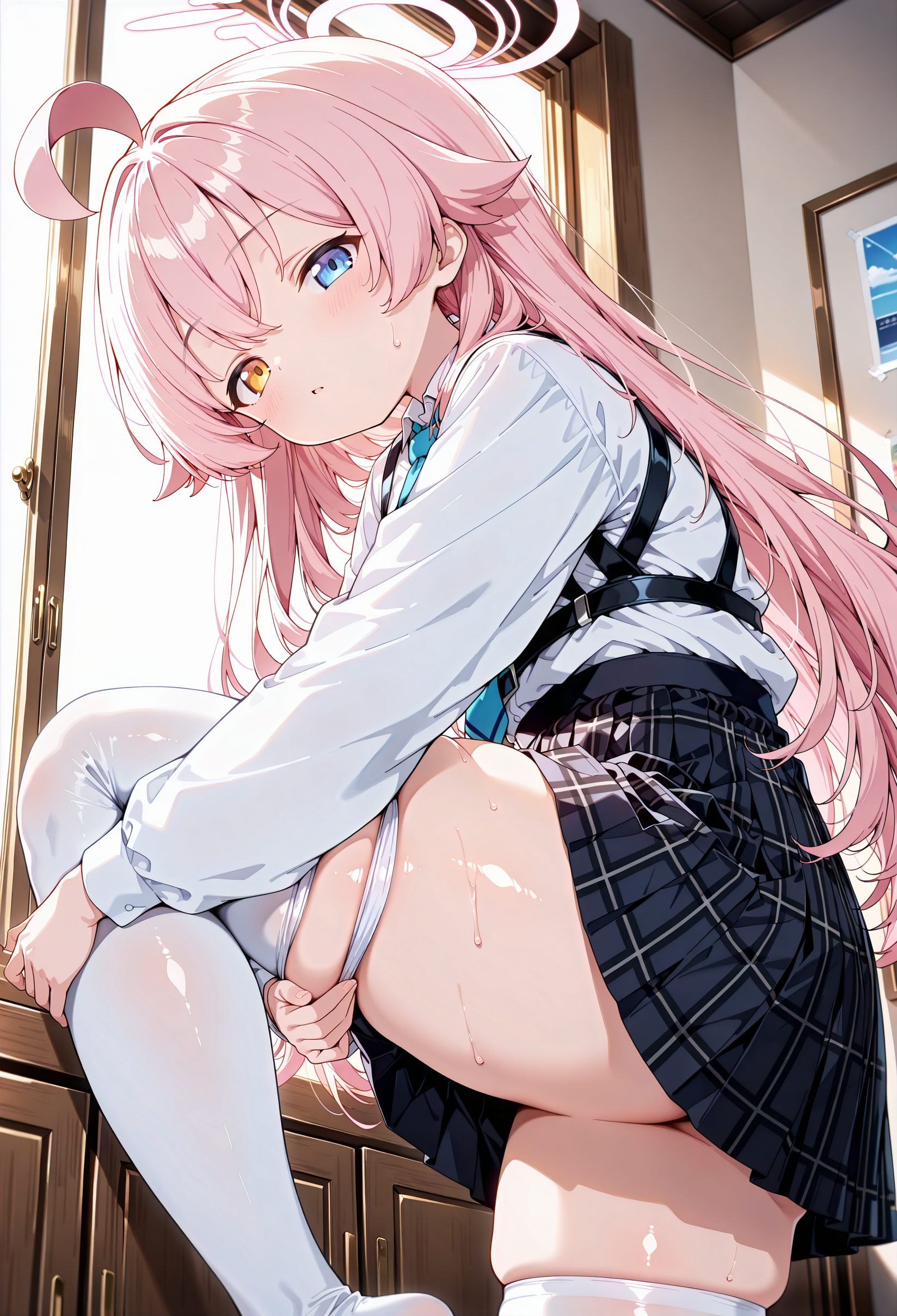 sensitive, 1girl, solo, long_hair, looking_at_viewer, blush, bangs, blue_eyes, skirt, shirt, thighhighs, long_sleeves, very_long_hair, closed_mouth, underwear, standing, panties, yellow_eyes, white_shirt, pink_hair, ass, ahoge, thighs, sweat, pleated_skirt, necktie, collared_shirt, indoors, black_skirt, white_panties, white_thighhighs, plaid, window, skindentation, heterochromia, halo, plaid_skirt, no_shoes, blue_necktie, pulled_by_self, harness, chest_harness, hoshino_(blue_archive), パンツ, 下着, 尻, アホ毛, Tシャツ, 汗, スカート, ぱっつん, 長い髪, 赤面, 前髪, 青い目, シャツ, 太ももハイソックス, とても長い髪, 口閉じ, 白シャツ, ピンク髪, チェストハーネス, ホシノ（ブルーアーカイブ）