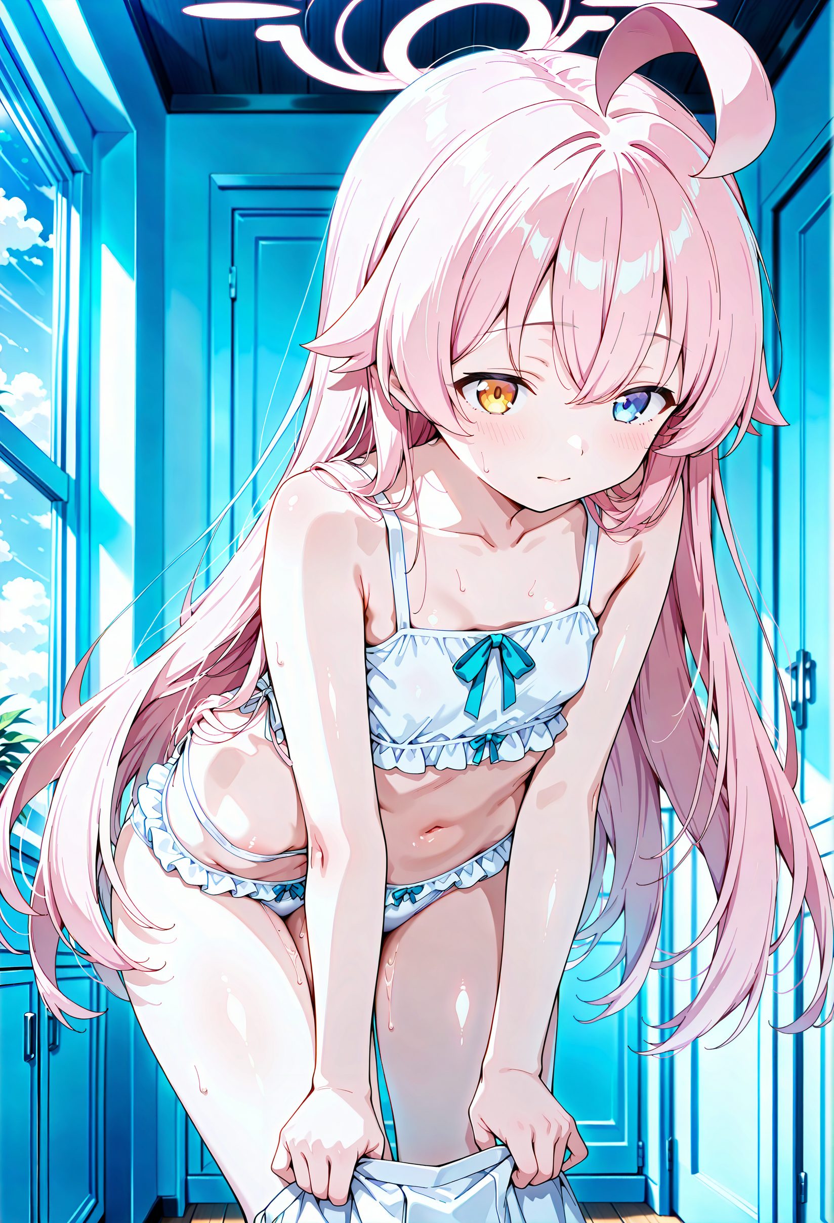 sensitive, 1girl, solo, long_hair, breasts, looking_at_viewer, blush, bangs, blue_eyes, skirt, navel, hair_between_eyes, bare_shoulders, very_long_hair, closed_mouth, underwear, standing, collarbone, swimsuit, yellow_eyes, pink_hair, ahoge, bikini, thighs, sweat, small_breasts, frills, indoors, stomach, orange_eyes, bare_arms, leaning_forward, heterochromia, halo, white_bikini, undressing, frilled_bikini, hoshino_(blue_archive), 長い髪, 赤面, 前髪, 青い目, スカート, 目にかかる髪, 肩出し, とても長い髪, 口閉じ, 下着, 鎖骨, 水着, ピンク髪, アホ毛, ビキニ, 汗, 小さな胸, 脱衣・着替え, ホシノ（ブルーアーカイブ）