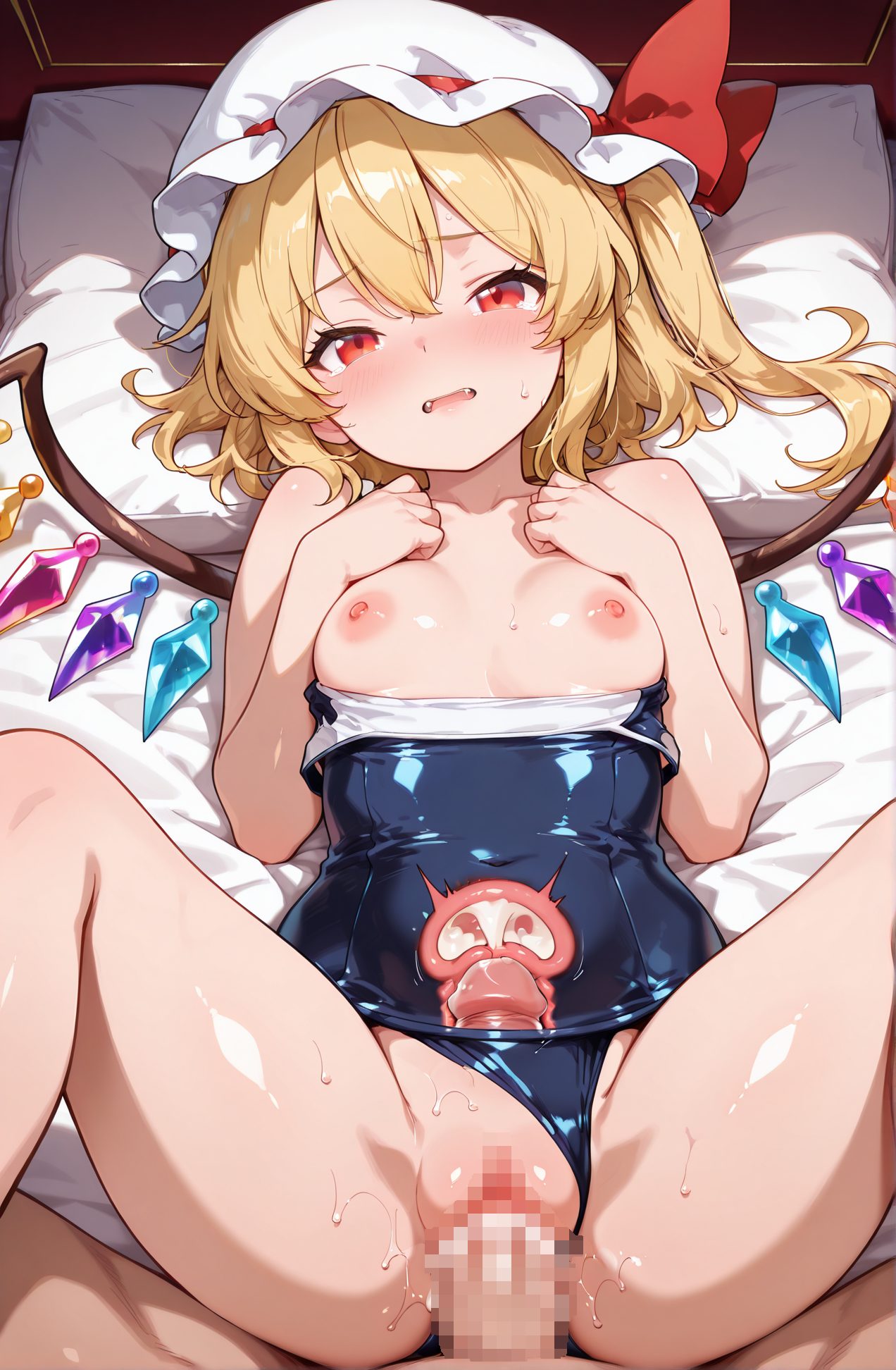 explicit, 1girl, breasts, looking_at_viewer, blush, short_hair, open_mouth, bangs, blonde_hair, red_eyes, 1boy, hat, ribbon, hair_between_eyes, bare_shoulders, nipples, swimsuit, hetero, sweat, small_breasts, lying, wings, penis, pussy, solo_focus, spread_legs, cum, sex, on_back, vaginal, red_ribbon, one-piece_swimsuit, pillow, uncensored, cum_in_pussy, pov, white_headwear, on_bed, one_side_up, fangs, clothes_pull, school_swimsuit, mob_cap, hat_ribbon, breasts_out, ejaculation, clothing_aside, blue_one-piece_swimsuit, missionary, crystal, clitoris, overflow, x-ray, uterus, internal_cumshot, old_school_swimsuit, one-piece_swimsuit_pull, swimsuit_aside, flandre_scarlet, 赤面, 短い髪, 口開き, 前髪, 金髪, 赤い目, 帽子, リボン, 目にかかる髪, 肩出し, 乳首, 水着, 汗, 小さな胸, 横たわり, 脚開き, 精液, セックス, 仰向け, 膣内, 赤リボン, ワンピース水着, 無修正, 中出し, 白頭飾, 片側アップ, 学校水着, モブキャップ, 帽子リボン, 胸出し, 射精, 衣服ずらし, 正常位, 中出し（透過表現）, 旧スクール水着, 水着ずらし, フランドール・スカーレット