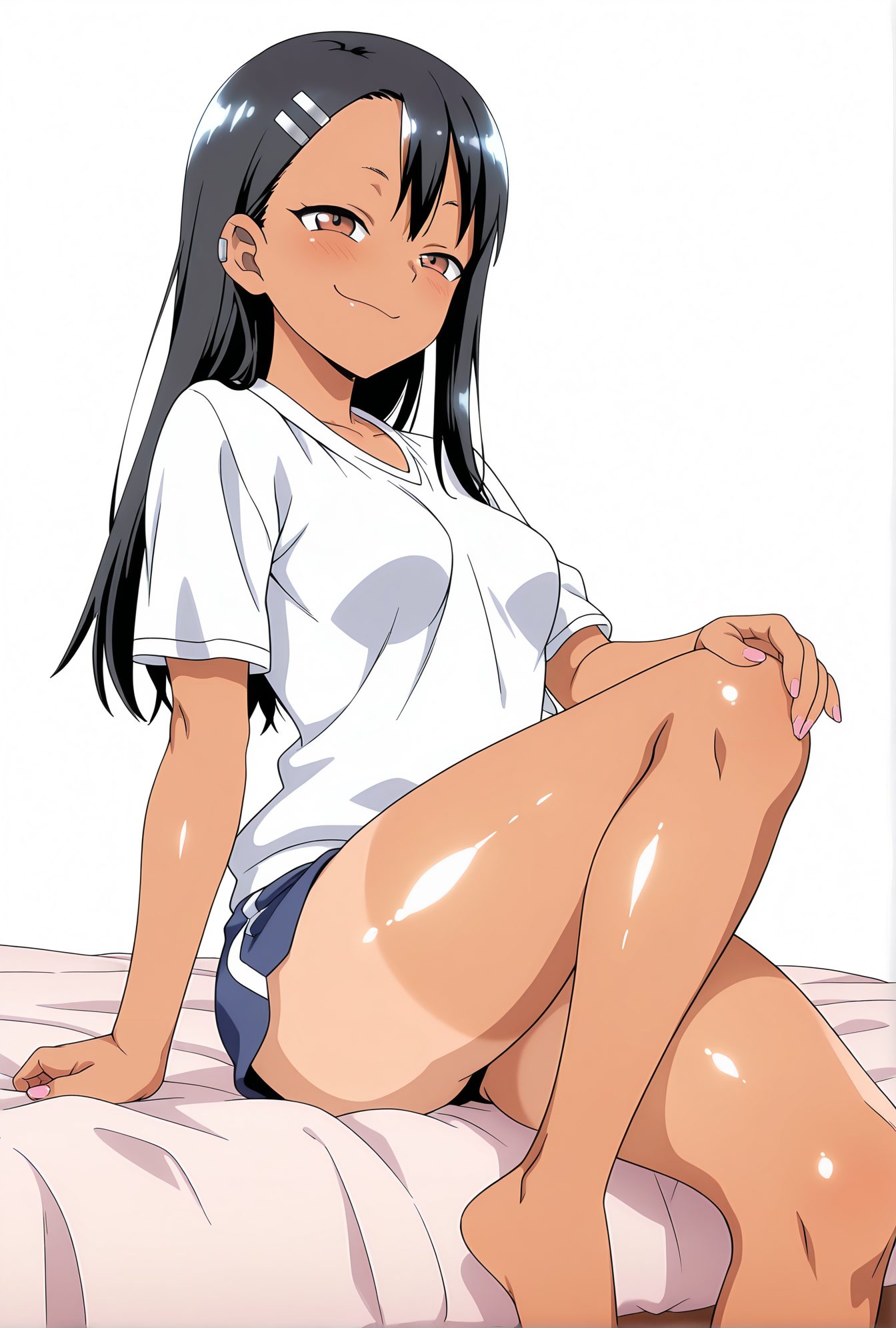 sensitive, 1girl, solo, long_hair, breasts, looking_at_viewer, blush, smile, bangs, simple_background, shirt, black_hair, hair_ornament, white_background, brown_eyes, sitting, closed_mouth, collarbone, white_shirt, short_sleeves, thighs, small_breasts, shorts, barefoot, hairclip, shiny, dark_skin, nail_polish, dark-skinned_female, fingernails, shiny_skin, short_shorts, bare_legs, tan, pink_nails, knee_up, asymmetrical_bangs, smug, hand_on_own_knee, dolphin_shorts, earclip, nagatoro_hayase, 長い髪, 赤面, 笑顔, 前髪, シャツ, 黒髪, 髪飾り, 座り, 口閉じ, 鎖骨, 白シャツ, 小さな胸, ヘアクリップ, 光沢, 褐色肌, 褐色女性, 光沢肌, 日焼け, 長瀞早瀬