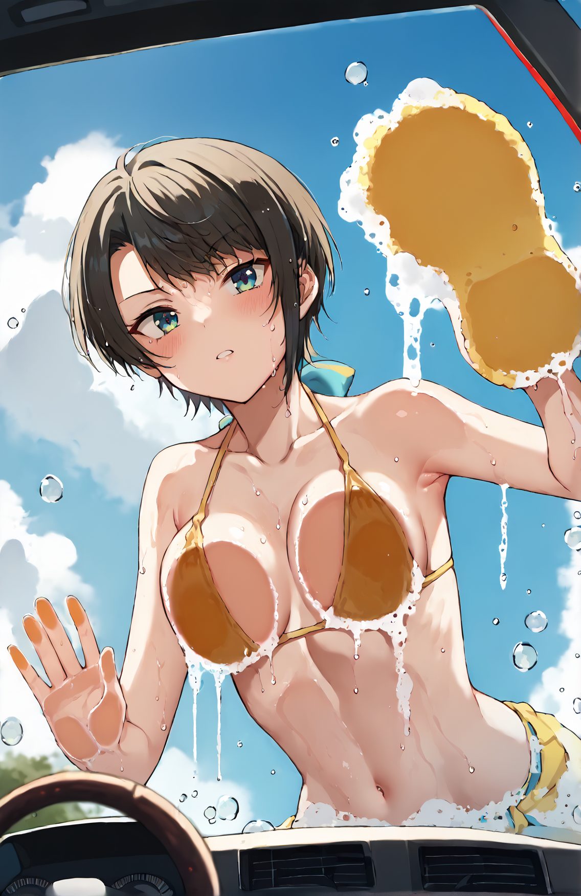 1girl, virtual youtuber, against glass, solo, oozora subaru, short hair, breasts, swimsuit, bikini, bangs, swept bangs, navel, blush, breasts on glass, breast press, yellow bikini, blue eyes, soap bubbles, looking at viewer, brown hair, parted lips, medium breasts, wet, collarbone, official alternate costume, black hair, cleavage, stomach, 赤面, 胸チラ, 黒髪, 水着, パイスラ, おっぱい, ぱっつん, ショートカット, 大空スバル, ホロライブ, バーチャルYouTuber, 短い髪, ビキニ, 前髪, パイズリ, 青い目, 茶髪, 中くらいの胸, 鎖骨, Posted