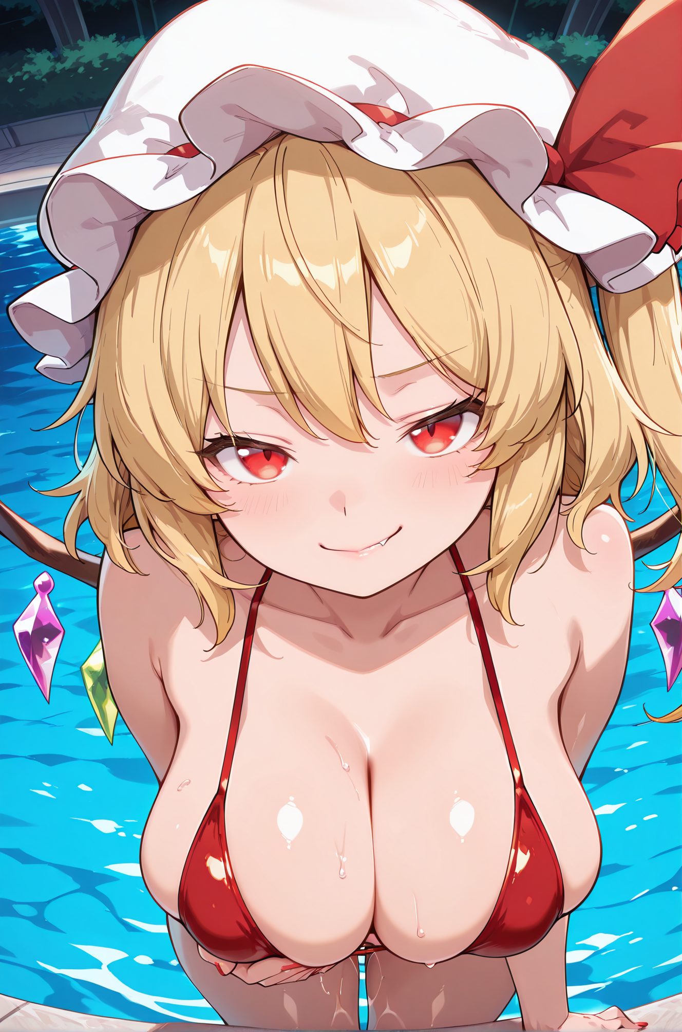sensitive, 1girl, solo, breasts, looking_at_viewer, blush, smile, bangs, blonde_hair, large_breasts, red_eyes, hat, ribbon, cleavage, bare_shoulders, closed_mouth, collarbone, swimsuit, bikini, outdoors, wings, fang, water, nail_polish, side_ponytail, red_ribbon, wet, skindentation, leaning_forward, white_headwear, one_side_up, mob_cap, hat_ribbon, red_nails, skin_fang, red_bikini, alternate_breast_size, aged_up, crystal, hanging_breasts, pool, fang_out, poolside, flandre_scarlet, 赤面, 笑顔, 前髪, 金髪, 大きな胸, 赤い目, 帽子, リボン, 肩出し, 口閉じ, 鎖骨, 水着, ビキニ, サイドポニーテール, 赤リボン, 白頭飾, 片側アップ, モブキャップ, 帽子リボン, フランドール・スカーレット