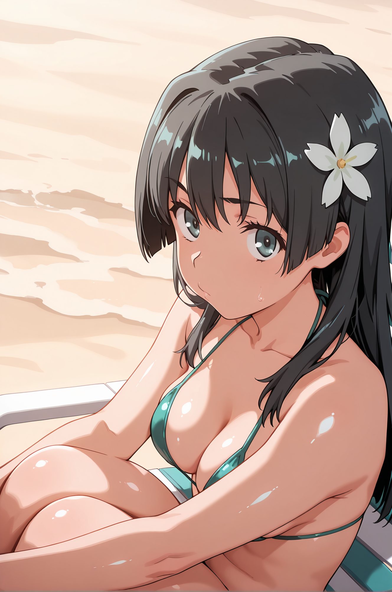 sensitive, 1girl, solo, long_hair, breasts, looking_at_viewer, bangs, black_hair, hair_ornament, cleavage, bare_shoulders, medium_breasts, sitting, closed_mouth, green_eyes, collarbone, swimsuit, flower, bikini, outdoors, shiny, hair_flower, shiny_skin, halterneck, beach, white_flower, green_bikini, aqua_bikini, saten_ruiko, 長い髪, 前髪, 黒髪, 髪飾り, 肩出し, 中くらいの胸, 座り, 口閉じ, 緑の目, 鎖骨, 水着, ビキニ, 光沢, 髪の花, 光沢肌, 佐天涙子