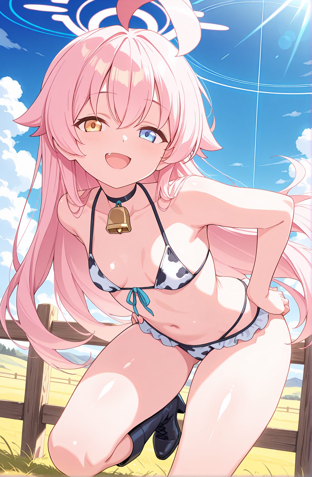 sensitive, 1girl, solo, long_hair, breasts, looking_at_viewer, smile, open_mouth, bangs, blue_eyes, navel, bare_shoulders, very_long_hair, collarbone, swimsuit, yellow_eyes, pink_hair, ahoge, :d, bikini, thighs, small_breasts, boots, outdoors, frills, sky, choker, day, fang, cloud, stomach, black_footwear, high_heels, blue_sky, hand_on_hip, bare_arms, bell, leaning_forward, heterochromia, black_choker, halo, white_bikini, animal_print, front-tie_top, string_bikini, neck_bell, frilled_bikini, front-tie_bikini_top, fence, cow_print, cowbell, wooden_fence, hoshino_(blue_archive), 長い髪, 笑顔, 口開き, 前髪, 青い目, 肩出し, とても長い髪, 鎖骨, 水着, ピンク髪, アホ毛, ビキニ, 小さな胸, チョーカー, 黒チョーカー, フロントタイトップ, ストリングビキニ, フロントタイビキニトップ, 牛柄, ホシノ（ブルーアーカイブ）