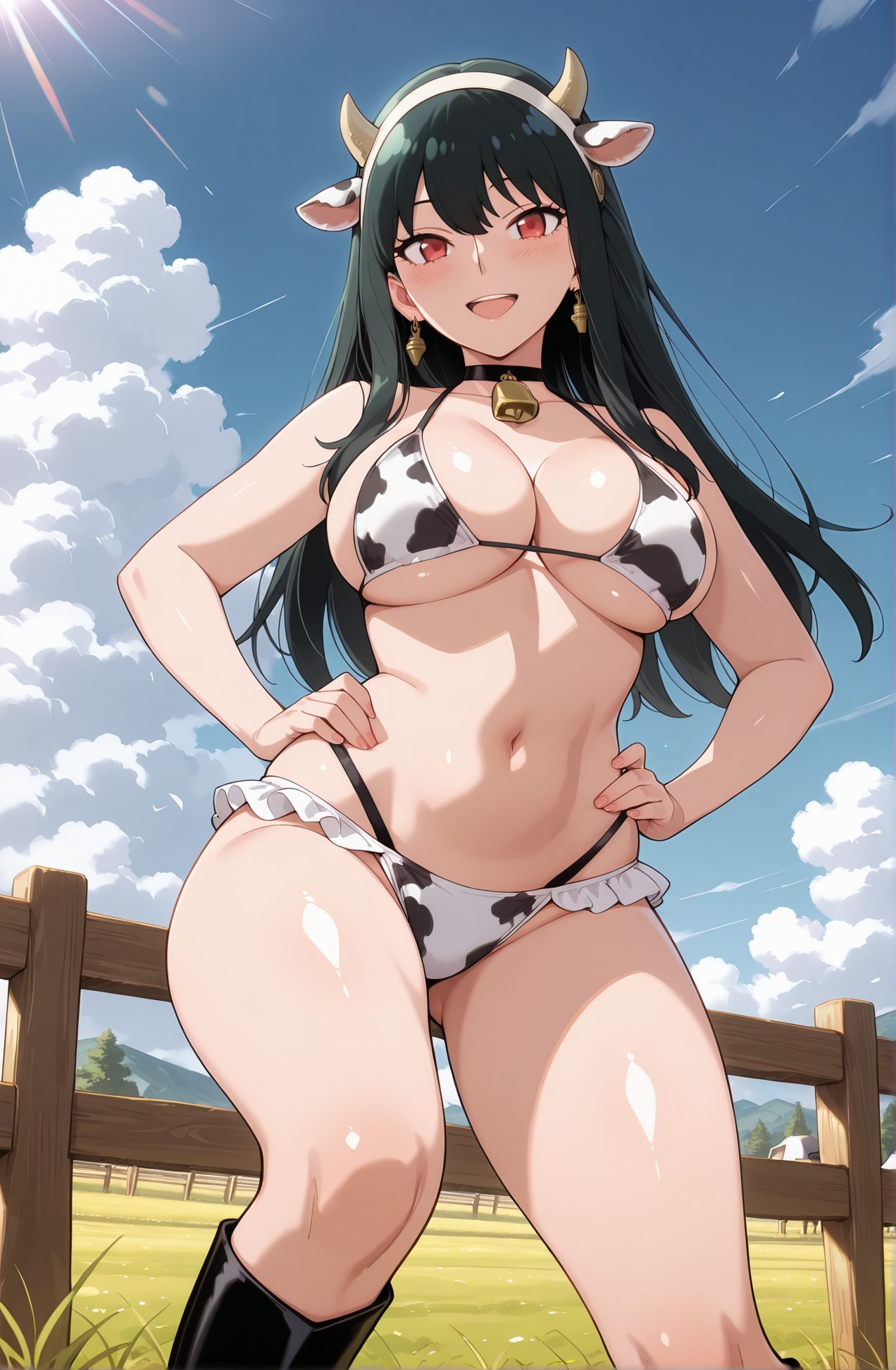 sensitive, 1girl, solo, long_hair, breasts, looking_at_viewer, blush, smile, open_mouth, bangs, large_breasts, black_hair, red_eyes, navel, animal_ears, cleavage, bare_shoulders, jewelry, swimsuit, :d, sidelocks, bikini, thighs, hairband, earrings, boots, outdoors, frills, horns, sky, choker, day, cloud, stomach, black_footwear, blue_sky, bare_arms, bell, fake_animal_ears, black_choker, grass, animal_print, neck_bell, frilled_bikini, hands_on_hips, fence, cow_print, cow_ears, cowbell, gold_earrings, gold_hairband, wooden_fence, yor_briar, 長い髪, 赤面, 笑顔, 口開き, 前髪, 大きな胸, 黒髪, 赤い目, 動物耳, 肩出し, ジュエリー, 水着, サイドロック, ビキニ, ヘアバンド, イヤリング, チョーカー, 偽動物耳, 黒チョーカー, 牛柄, ヨル・ブライア