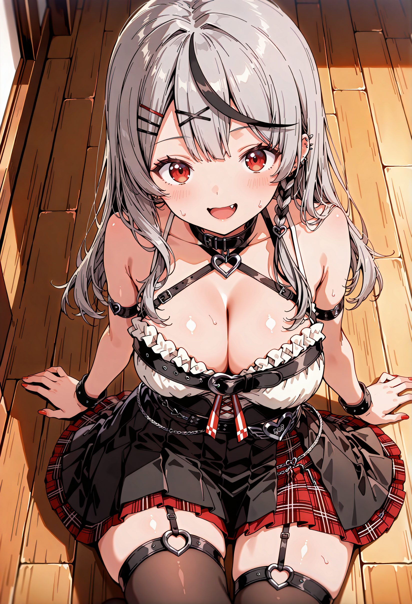 sensitive, 1girl, solo, long_hair, breasts, looking_at_viewer, blush, smile, open_mouth, bangs, skirt, large_breasts, black_hair, hair_ornament, red_eyes, thighhighs, cleavage, bare_shoulders, sitting, collarbone, braid, :d, grey_hair, heart, thighs, multicolored_hair, sweat, pleated_skirt, frills, hairclip, fang, black_thighhighs, virtual_youtuber, nail_polish, collar, streaked_hair, plaid, red_skirt, arm_support, from_above, garter_straps, plaid_skirt, piercing, x_hair_ornament, ear_piercing, red_nails, wooden_floor, black_collar, arm_strap, heart_collar, sakamata_chloe, フリル, バーチャルYouTuber, 巨乳, 胸チラ, 汗, スカート, ぱっつん, 長い髪, 赤面, 笑顔, 口開き, 前髪, 大きな胸, 黒髪, 髪飾り, 赤い目, 太ももハイソックス, 肩出し, 座り, 鎖骨, 灰髪, 多色髪, ヘアクリップ, 沙花叉クロヱ, ok