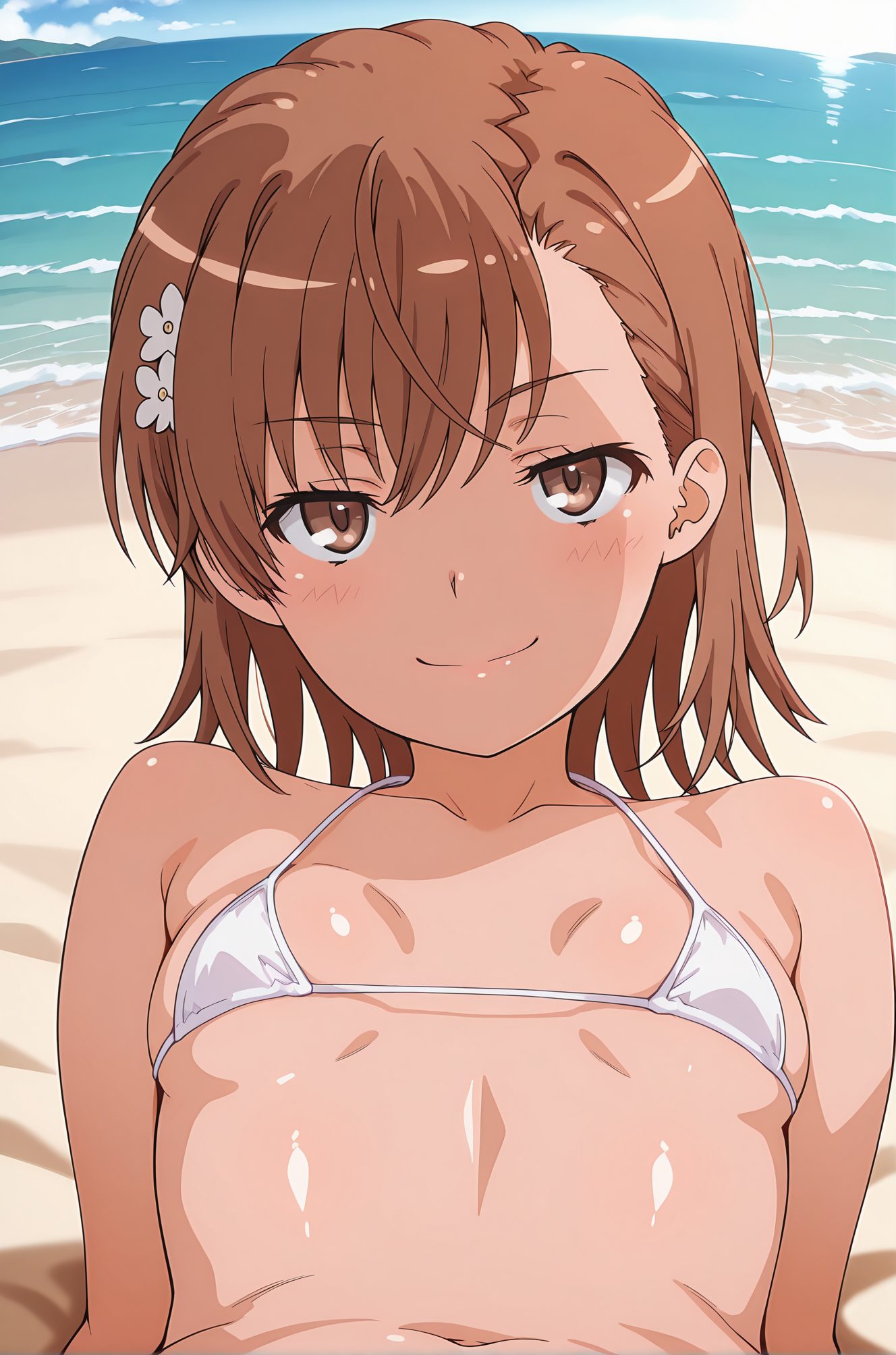 sensitive, questionable, 1girl, solo, breasts, looking_at_viewer, blush, smile, short_hair, bangs, brown_hair, hair_ornament, navel, bare_shoulders, brown_eyes, closed_mouth, collarbone, swimsuit, upper_body, flower, bikini, small_breasts, outdoors, sky, day, shiny, hair_flower, shiny_skin, ocean, white_bikini, beach, micro_bikini, misaka_mikoto, 赤面, 笑顔, 短い髪, 前髪, 茶髪, 髪飾り, 肩出し, 口閉じ, 鎖骨, 水着, ビキニ, 小さな胸, 光沢, 髪の花, 光沢肌, マイクロビキニ, 御坂美琴