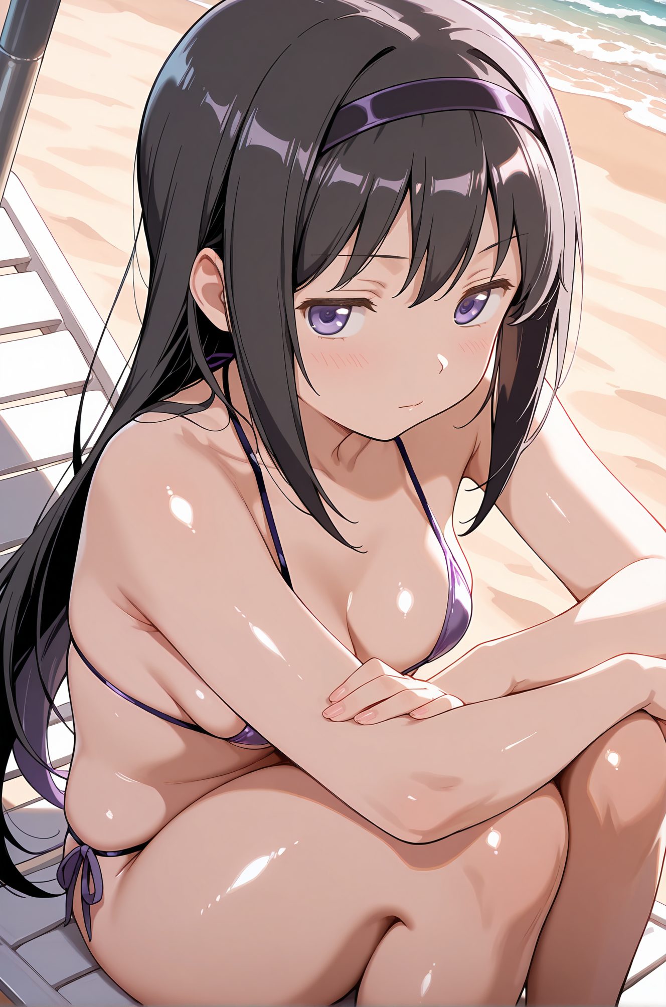 sensitive, 1girl, solo, long_hair, breasts, looking_at_viewer, blush, bangs, black_hair, cleavage, bare_shoulders, medium_breasts, sitting, closed_mouth, purple_eyes, collarbone, swimsuit, bikini, thighs, hairband, outdoors, day, shiny, shiny_skin, bare_arms, skindentation, side-tie_bikini_bottom, halterneck, chair, beach, crossed_arms, string_bikini, micro_bikini, sand, purple_bikini, beach_chair, akemi_homura, 長い髪, 赤面, 前髪, 黒髪, 肩出し, 中くらいの胸, 座り, 口閉じ, 鎖骨, 水着, ビキニ, ヘアバンド, 光沢, 光沢肌, ストリングビキニ, マイクロビキニ, 暁美ほむら, 暁美ほむら_posted