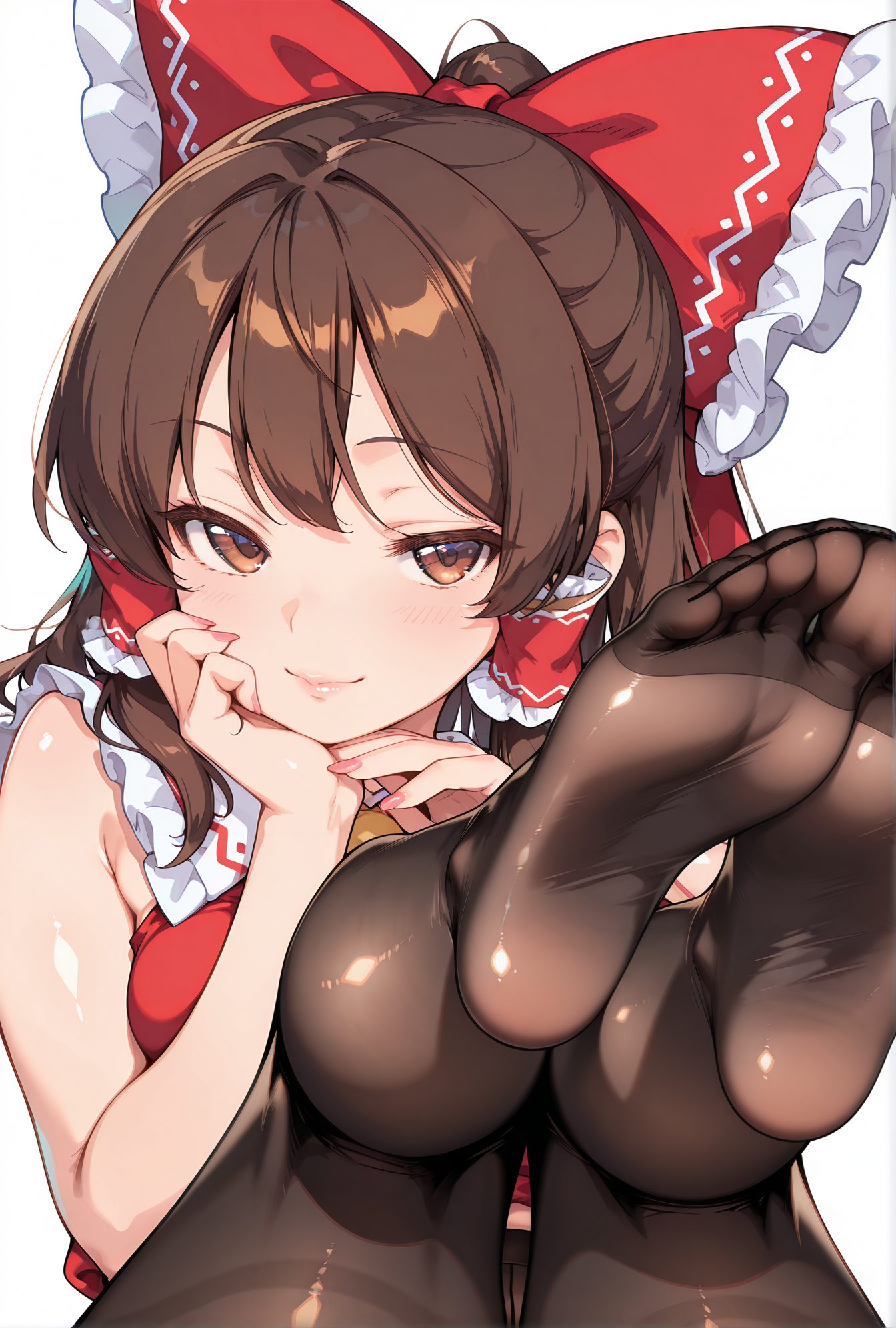 sensitive, 1girl, solo, long_hair, breasts, looking_at_viewer, blush, smile, bangs, simple_background, brown_hair, white_background, bow, bare_shoulders, brown_eyes, closed_mouth, underwear, panties, hair_bow, pantyhose, sidelocks, frills, sleeveless, nail_polish, red_bow, feet, lips, black_pantyhose, ascot, toes, no_shoes, hair_tubes, soles, pink_nails, panties_under_pantyhose, thighband_pantyhose, frilled_bow, hakurei_reimu, 長い髪, 赤面, 笑顔, 前髪, 茶髪, ボウ, 肩出し, 口閉じ, 下着, パンツ, 髪ボウ, パンスト, サイドロック, 赤リボン, 博麗霊夢