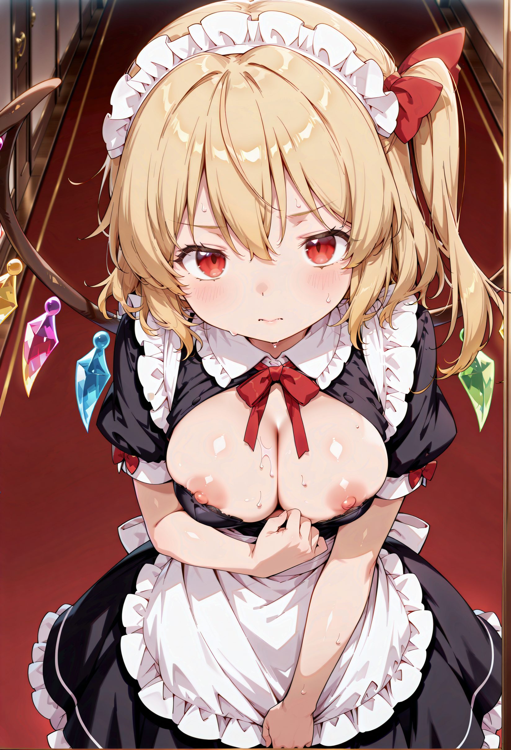 questionable, 1girl, solo, breasts, looking_at_viewer, blush, short_hair, bangs, blonde_hair, red_eyes, dress, bow, ribbon, cleavage, hair_between_eyes, medium_breasts, closed_mouth, nipples, standing, short_sleeves, hair_bow, cowboy_shot, sweat, frills, wings, alternate_costume, puffy_sleeves, indoors, bowtie, apron, black_dress, red_bow, red_ribbon, puffy_short_sleeves, maid, maid_headdress, neck_ribbon, one_side_up, clothes_pull, short_dress, frilled_dress, breasts_out, red_bowtie, waist_apron, white_apron, maid_apron, frilled_apron, crystal, enmaided, petticoat, dress_tug, flandre_scarlet, 赤面, 短い髪, 前髪, 金髪, 赤い目, ボウ, リボン, 目にかかる髪, 中くらいの胸, 口閉じ, 乳首, 髪ボウ, 汗, 赤リボン, 片側アップ, 胸出し, ウエストエプロン, フランドール・スカーレット, フランドール_posted