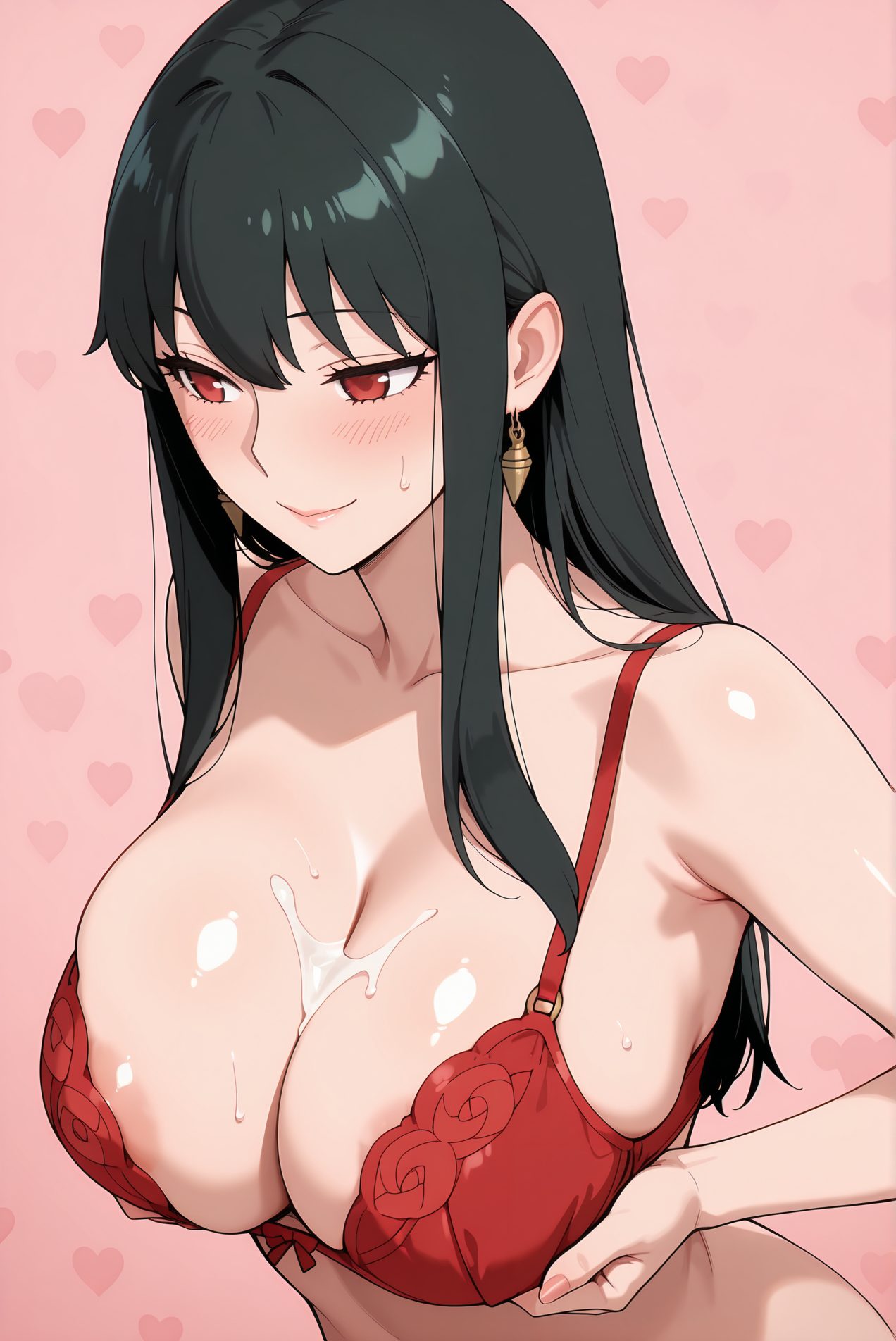 explicit, 1girl, solo, long_hair, breasts, blush, smile, bangs, large_breasts, simple_background, black_hair, red_eyes, cleavage, bare_shoulders, jewelry, closed_mouth, underwear, collarbone, upper_body, heart, sidelocks, sweat, hairband, earrings, cum, bra, lips, pink_background, underwear_only, cum_on_body, straight_hair, cum_on_breasts, areola_slip, red_bra, gold_earrings, after_paizuri, yor_briar, 長い髪, 赤面, 笑顔, 前髪, 大きな胸, 黒髪, 赤い目, 肩出し, ジュエリー, 口閉じ, 下着, 鎖骨, サイドロック, 汗, ヘアバンド, イヤリング, 精液, ブラ, ぶっかけ（体）, 胸へのぶっかけ, ヨル・ブライア