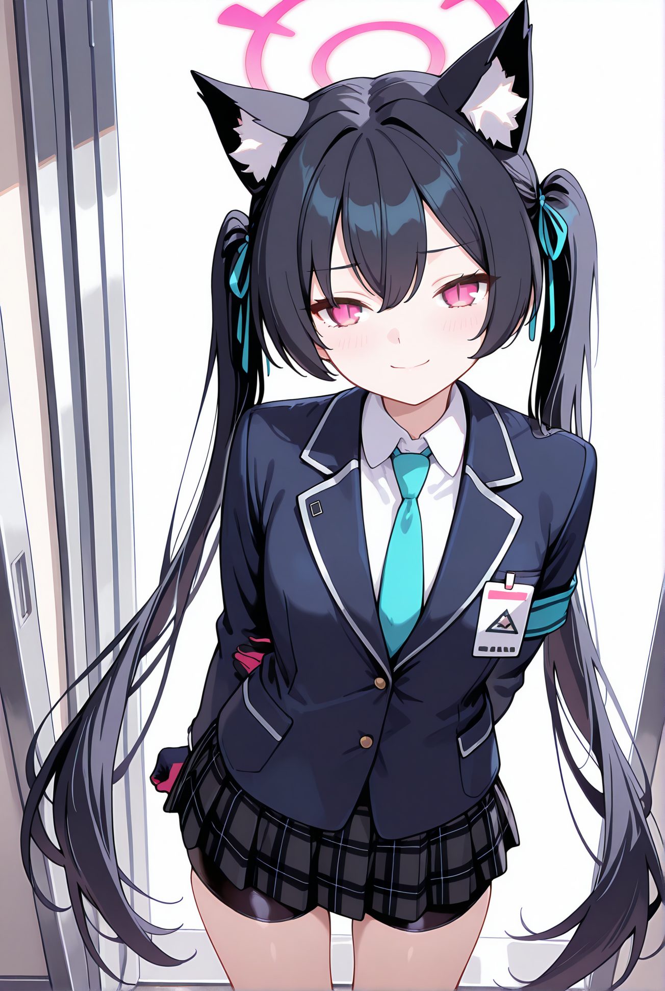 kuromi serika, general, sensitive, 1girl, solo, long_hair, looking_at_viewer, blush, smile, bangs, skirt, shirt, black_hair, red_eyes, gloves, long_sleeves, ribbon, holding, animal_ears, hair_between_eyes, twintails, very_long_hair, closed_mouth, school_uniform, jacket, hair_ribbon, white_shirt, cowboy_shot, pleated_skirt, necktie, shorts, collared_shirt, cat_ears, pink_eyes, black_jacket, animal_ear_fluff, plaid, halo, plaid_skirt, arms_behind_back, black_shorts, blazer, blue_ribbon, bike_shorts, box, armband, gift, blue_necktie, id_card, shorts_under_skirt, bike_shorts_under_skirt, 長い髪, 赤面, 笑顔, 前髪, スカート, シャツ, 黒髪, 赤い目, 手袋, リボン, 動物耳, 目にかかる髪, ツインテール, とても長い髪, 口閉じ, 学校制服, 髪リボン, 白シャツ, バイクショーツ（スパッツ）, ok, Posted