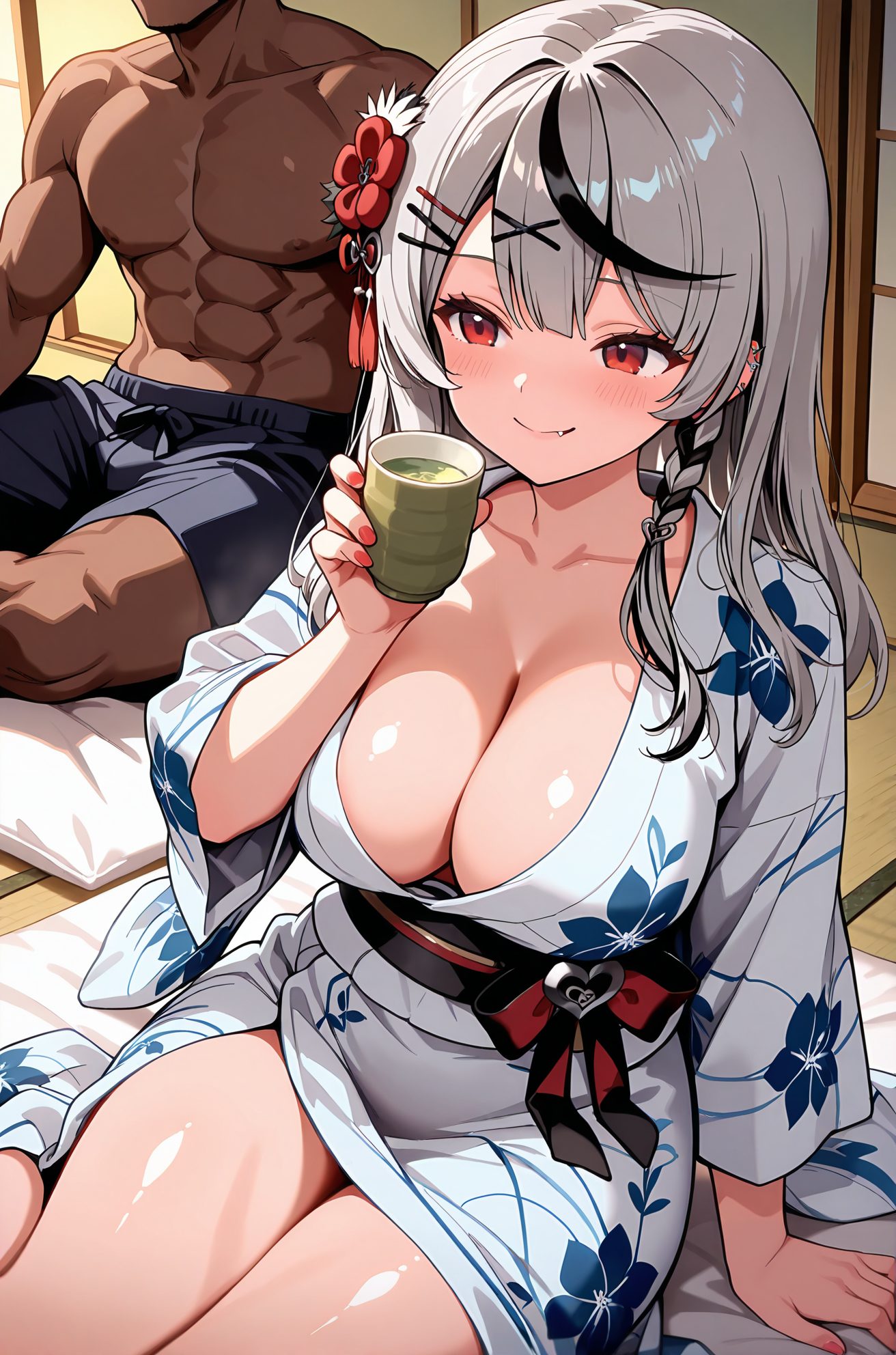 sensitive, 1girl, long_hair, breasts, blush, smile, bangs, large_breasts, black_hair, hair_ornament, red_eyes, 1boy, holding, cleavage, sitting, closed_mouth, collarbone, braid, flower, grey_hair, thighs, multicolored_hair, japanese_clothes, shorts, hairclip, fang, indoors, virtual_youtuber, hair_flower, dark_skin, kimono, nail_polish, cup, streaked_hair, shiny_skin, sash, obi, floral_print, dark-skinned_male, x_hair_ornament, ear_piercing, holding_cup, red_nails, skin_fang, yukata, white_kimono, yokozuwari, tatami, print_kimono, sliding_doors, sakamata_chloe, 長い髪, 赤面, 笑顔, 前髪, 大きな胸, 黒髪, 髪飾り, 赤い目, 座り, 口閉じ, 鎖骨, 灰髪, 多色髪, 和服, ヘアクリップ, バーチャルYouTuber, 髪の花, 褐色肌, 光沢肌, 褐色男性, 沙花叉クロヱ, ok