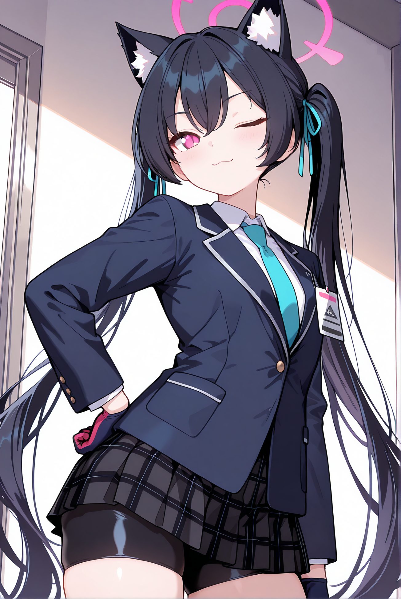 kuromi serika, general, sensitive, 1girl, solo, long_hair, looking_at_viewer, blush, smile, bangs, skirt, shirt, black_hair, red_eyes, gloves, long_sleeves, ribbon, animal_ears, twintails, very_long_hair, closed_mouth, school_uniform, jacket, hair_ribbon, white_shirt, cowboy_shot, pleated_skirt, one_eye_closed, necktie, shorts, collared_shirt, indoors, cat_ears, black_skirt, pink_eyes, black_jacket, animal_ear_fluff, hand_on_hip, plaid, :3, halo, plaid_skirt, black_shorts, blazer, blue_jacket, bike_shorts, blue_necktie, id_card, shorts_under_skirt, bike_shorts_under_skirt, ;3, 長い髪, 赤面, 笑顔, 前髪, スカート, シャツ, 黒髪, 赤い目, 手袋, リボン, 動物耳, ツインテール, とても長い髪, 口閉じ, 学校制服, 髪リボン, 白シャツ, バイクショーツ（スパッツ）, ok, Posted