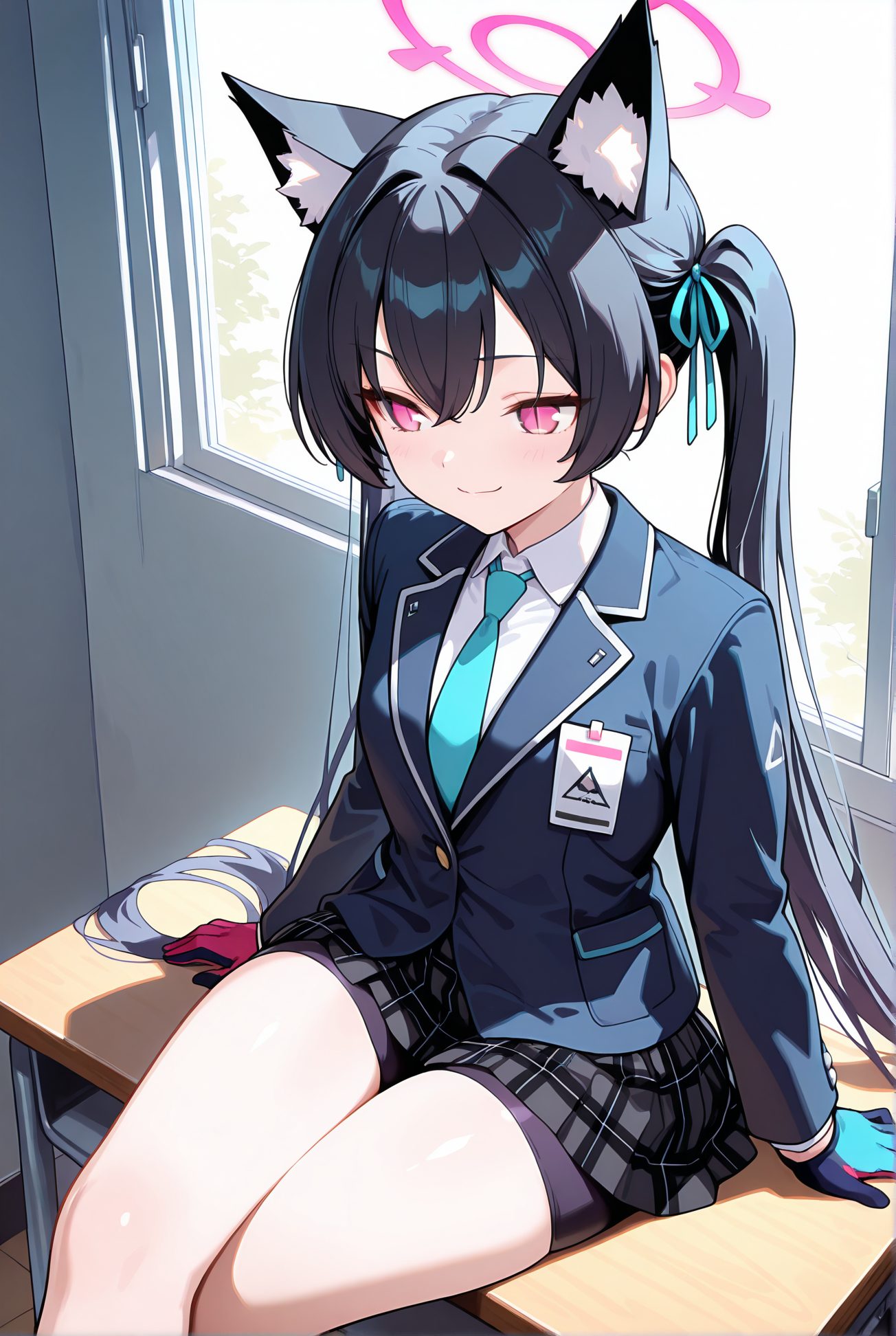 kuromi serika, sensitive, 1girl, solo, long_hair, blush, smile, bangs, skirt, shirt, black_hair, gloves, long_sleeves, ribbon, animal_ears, twintails, sitting, very_long_hair, closed_mouth, school_uniform, jacket, hair_ribbon, white_shirt, thighs, pleated_skirt, necktie, shorts, collared_shirt, indoors, cat_ears, miniskirt, pink_eyes, black_jacket, animal_ear_fluff, plaid, window, feet_out_of_frame, halo, plaid_skirt, black_shorts, blazer, crossed_legs, blue_ribbon, blue_jacket, bike_shorts, desk, blue_necktie, classroom, school_desk, shorts_under_skirt, on_desk, bike_shorts_under_skirt, sitting_on_desk, 長い髪, 赤面, 笑顔, 前髪, スカート, シャツ, 黒髪, 手袋, リボン, 動物耳, ツインテール, 座り, とても長い髪, 口閉じ, 学校制服, 髪リボン, 白シャツ, ミニスカート, バイクショーツ（スパッツ）, ok, Posted