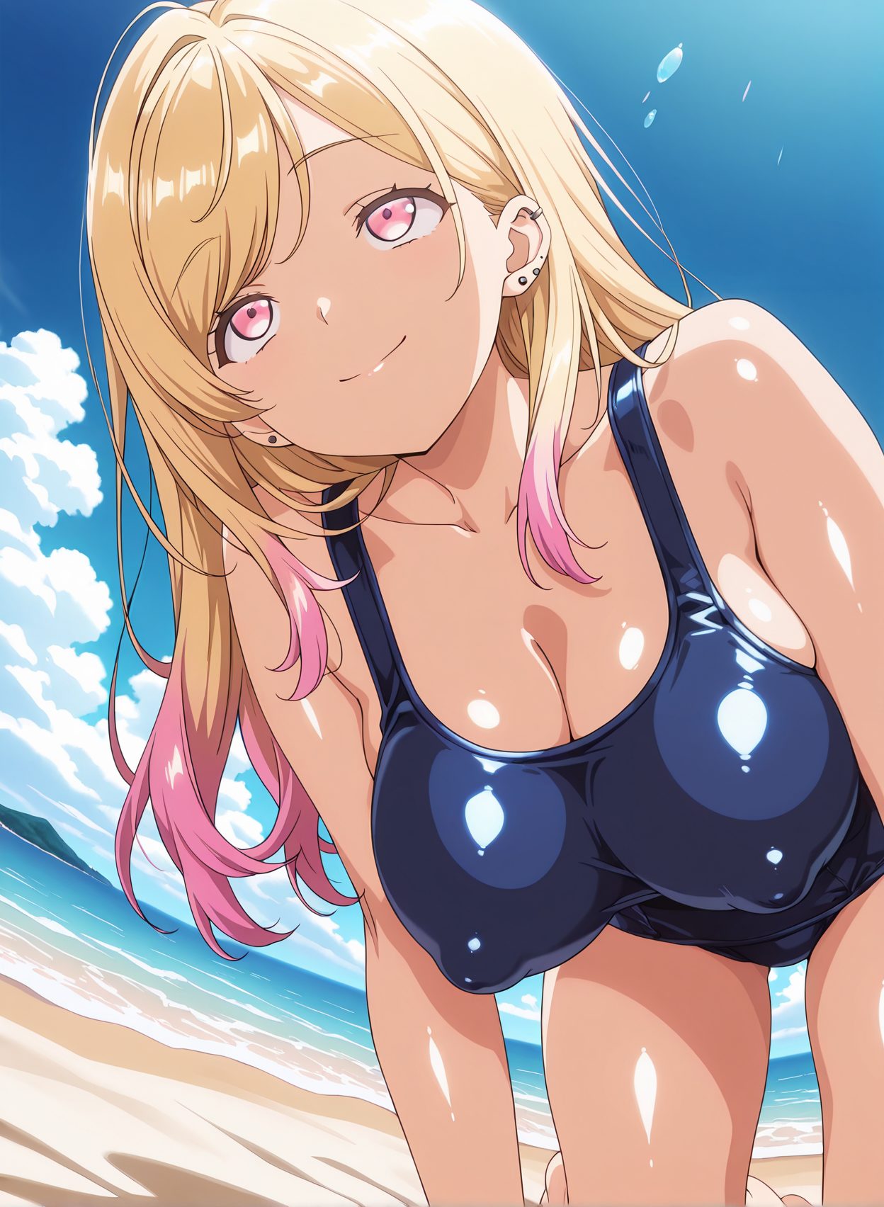 questionable, 1girl, solo, long_hair, breasts, smile, bangs, blonde_hair, large_breasts, cleavage, bare_shoulders, jewelry, closed_mouth, collarbone, swimsuit, pink_hair, multicolored_hair, earrings, outdoors, sky, day, shiny, cloud, pink_eyes, water, covered_nipples, blue_sky, one-piece_swimsuit, shiny_skin, dutch_angle, gradient_hair, ocean, beach, piercing, school_swimsuit, all_fours, ear_piercing, blue_one-piece_swimsuit, sand, hanging_breasts, gyaru, kitagawa_marin, 笑顔, 胸チラ, 水着, 褐色肌, 巨乳, ギャル, ワンピース, ぱっつん, スクール水着, 喜多川海夢, その着せ替え人形は恋をする, 長い髪, 前髪, 金髪, 大きな胸, 肩出し, ジュエリー, 口閉じ, 鎖骨, ピンク髪, 多色髪, イヤリング, 光沢, ワンピース水着, 光沢肌, 学校水着, 四つん這い