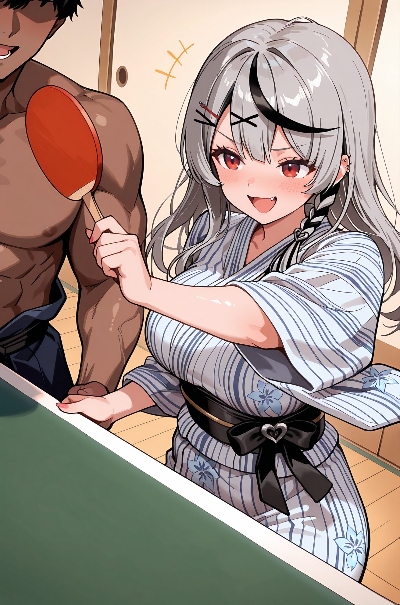 sensitive, 1girl, long_hair, breasts, blush, smile, open_mouth, bangs, large_breasts, black_hair, hair_ornament, red_eyes, 1boy, holding, braid, :d, grey_hair, multicolored_hair, japanese_clothes, hairclip, fang, virtual_youtuber, dark_skin, kimono, streaked_hair, sash, muscular, obi, piercing, dark-skinned_male, pectorals, x_hair_ornament, muscular_male, ear_piercing, faceless, faceless_male, yukata, mirror, white_kimono, +++, sakamata_chloe, 長い髪, 赤面, 笑顔, 口開き, 前髪, 大きな胸, 黒髪, 髪飾り, 赤い目, 灰髪, 多色髪, 和服, ヘアクリップ, バーチャルYouTuber, 褐色肌, 褐色男性, 沙花叉クロヱ, ok