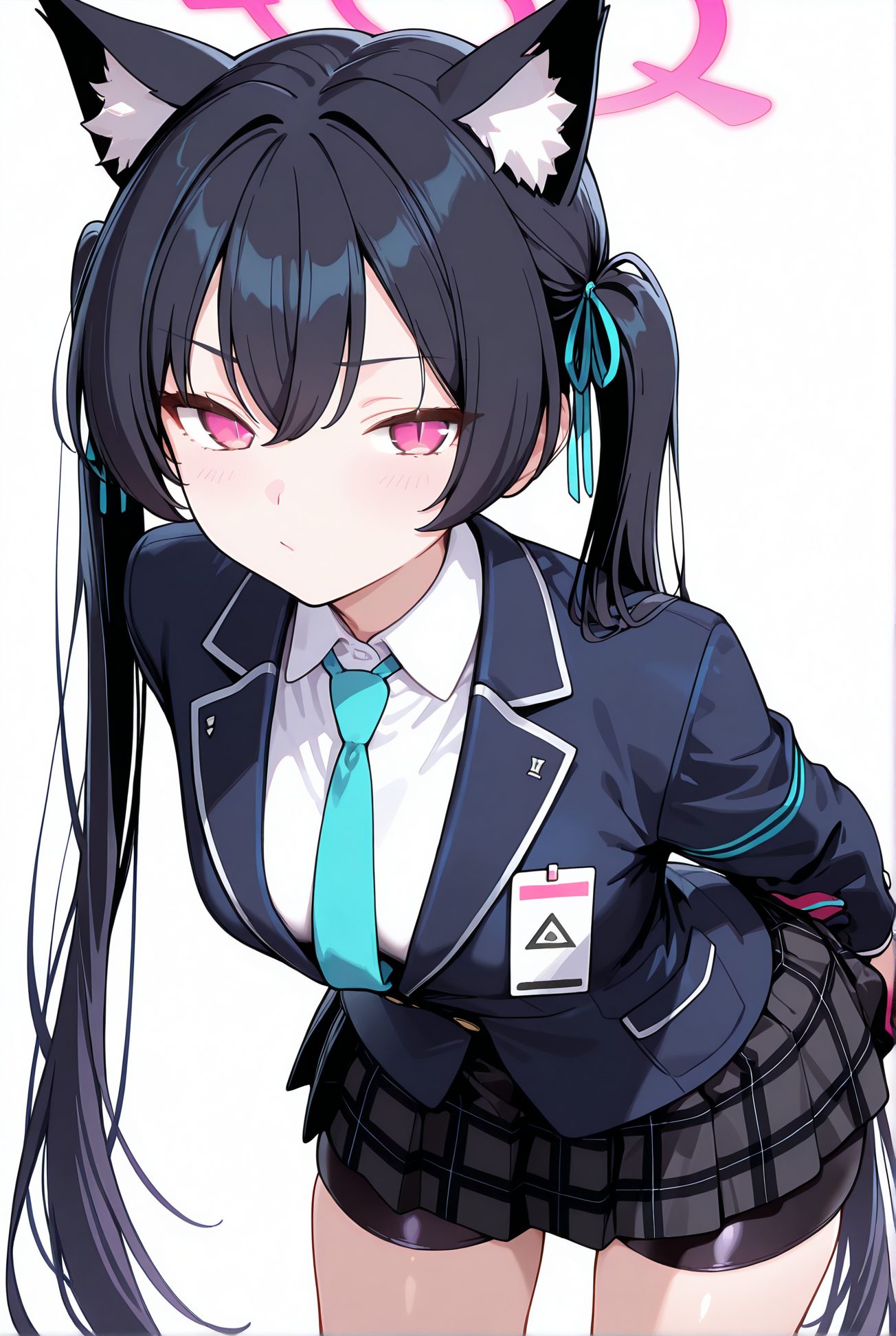 kuromi serika, general, sensitive, 1girl, solo, long_hair, breasts, looking_at_viewer, blush, bangs, skirt, simple_background, shirt, black_hair, gloves, long_sleeves, white_background, ribbon, animal_ears, twintails, very_long_hair, closed_mouth, school_uniform, jacket, hair_ribbon, white_shirt, cowboy_shot, pleated_skirt, necktie, shorts, collared_shirt, cat_ears, pink_eyes, animal_ear_fluff, plaid, leaning_forward, halo, plaid_skirt, arms_behind_back, black_shorts, blazer, blue_ribbon, bike_shorts, blue_necktie, id_card, shorts_under_skirt, bike_shorts_under_skirt, 長い髪, 赤面, 前髪, スカート, シャツ, 黒髪, 手袋, リボン, 動物耳, ツインテール, とても長い髪, 口閉じ, 学校制服, 髪リボン, 白シャツ, バイクショーツ（スパッツ）, ok, Posted