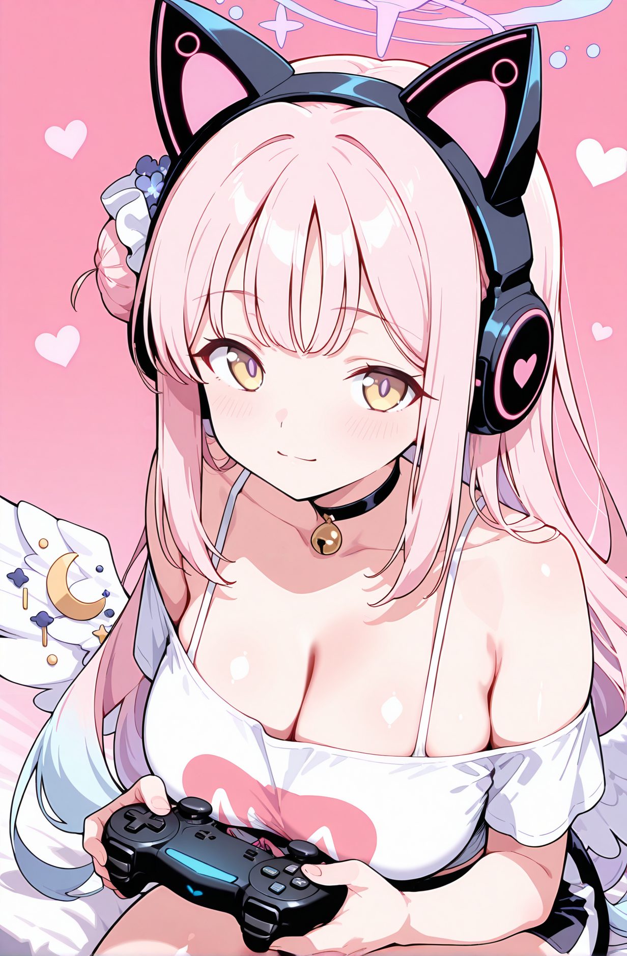 sensitive, 1girl, solo, long_hair, breasts, looking_at_viewer, blush, smile, bangs, large_breasts, shirt, hair_ornament, holding, animal_ears, cleavage, bare_shoulders, sitting, closed_mouth, collarbone, yellow_eyes, white_shirt, pink_hair, flower, heart, wings, shorts, choker, hair_flower, off_shoulder, hair_bun, bell, fake_animal_ears, headphones, black_choker, halo, pink_background, jingle_bell, feathered_wings, neck_bell, white_wings, off-shoulder_shirt, controller, single_side_bun, game_controller, animal_ear_headphones, cat_ear_headphones, holding_controller, playstation_controller, mika_(blue_archive), 長い髪, 赤面, 笑顔, 前髪, 大きな胸, シャツ, 髪飾り, 動物耳, 肩出し, 座り, 口閉じ, 鎖骨, 白シャツ, ピンク髪, チョーカー, 髪の花, 髪団子, 偽動物耳, 黒チョーカー, ミカ（ブルーアーカイブ）