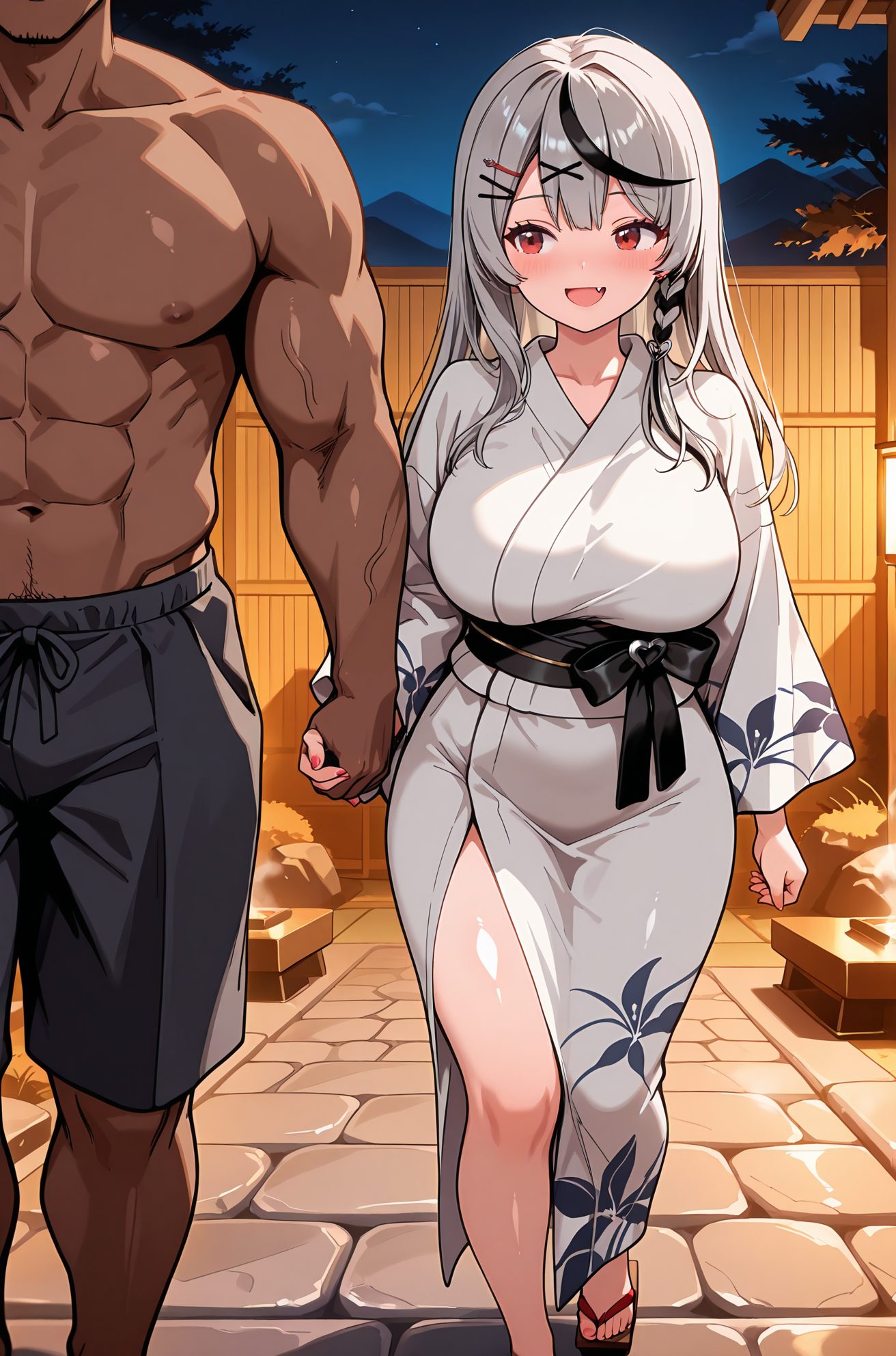 sensitive, 1girl, long_hair, breasts, blush, smile, open_mouth, bangs, large_breasts, black_hair, hair_ornament, red_eyes, 1boy, standing, braid, :d, hetero, grey_hair, thighs, multicolored_hair, outdoors, japanese_clothes, sky, shorts, solo_focus, hairclip, fang, virtual_youtuber, dark_skin, kimono, streaked_hair, sash, black_bow, muscular, night, holding_hands, obi, sandals, dark-skinned_male, x_hair_ornament, muscular_male, skin_fang, walking, yukata, white_kimono, sakamata_chloe, 長い髪, 赤面, 笑顔, 口開き, 前髪, 大きな胸, 黒髪, 髪飾り, 赤い目, 灰髪, 多色髪, 和服, ヘアクリップ, バーチャルYouTuber, 褐色肌, 手を繋ぐ, 褐色男性, 沙花叉クロヱ, ok