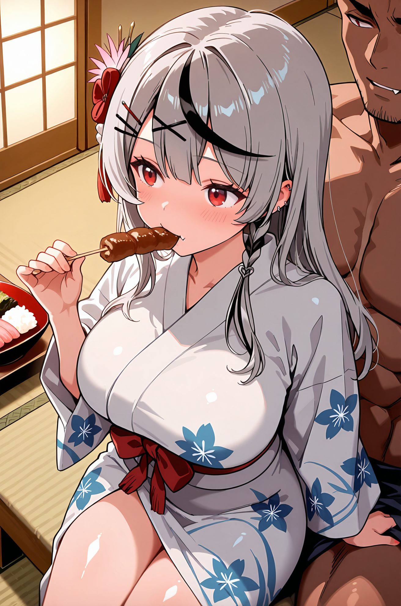 sensitive, 1girl, long_hair, breasts, blush, bangs, large_breasts, black_hair, hair_ornament, red_eyes, long_sleeves, 1boy, holding, sitting, braid, flower, hetero, grey_hair, thighs, multicolored_hair, food, japanese_clothes, hairclip, fang, virtual_youtuber, hair_flower, kimono, streaked_hair, sash, obi, eating, piercing, floral_print, holding_food, x_hair_ornament, ear_piercing, yukata, white_kimono, tatami, print_kimono, sakamata_chloe, 長い髪, 赤面, 前髪, 大きな胸, 黒髪, 髪飾り, 赤い目, 座り, 灰髪, 多色髪, 和服, ヘアクリップ, バーチャルYouTuber, 髪の花, 沙花叉クロヱ, ok