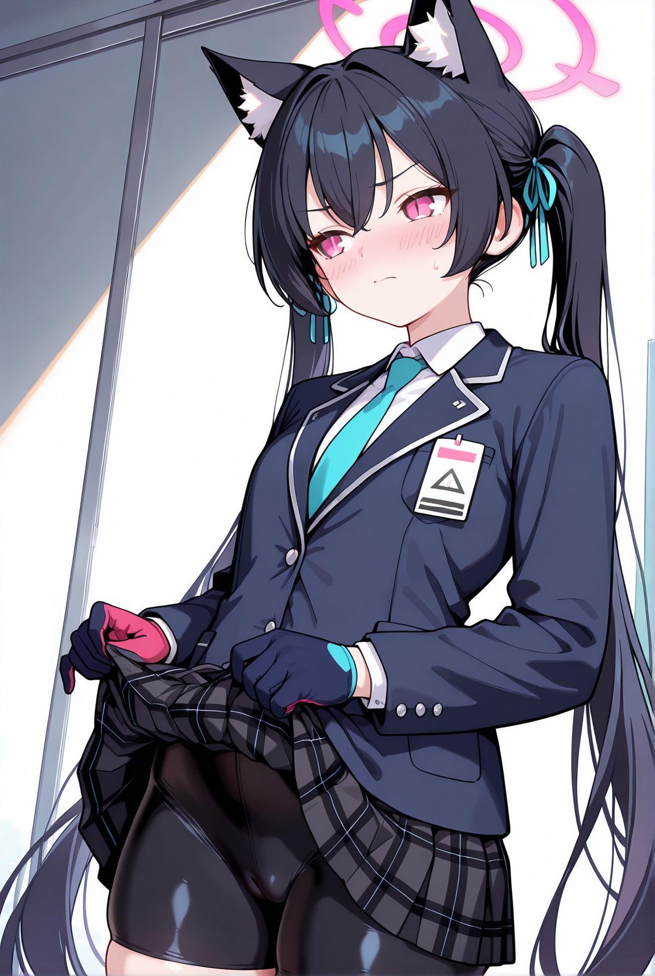 kuromi serika, questionable, 1girl, solo, long_hair, blush, bangs, skirt, shirt, black_hair, red_eyes, gloves, long_sleeves, ribbon, animal_ears, twintails, very_long_hair, closed_mouth, school_uniform, jacket, hair_ribbon, white_shirt, cowboy_shot, pleated_skirt, necktie, shorts, collared_shirt, cat_ears, pink_eyes, clothes_lift, sweatdrop, animal_ear_fluff, plaid, skindentation, cameltoe, halo, plaid_skirt, looking_away, black_shorts, skirt_lift, blazer, lifted_by_self, blue_jacket, bike_shorts, blue_necktie, id_card, shorts_under_skirt, bike_shorts_under_skirt, 長い髪, 赤面, 前髪, スカート, シャツ, 黒髪, 赤い目, 手袋, リボン, 動物耳, ツインテール, とても長い髪, 口閉じ, 学校制服, 髪リボン, 白シャツ, 衣服たくし上げ, 汗滴, スカートたくし上げ, バイクショーツ（スパッツ）, ok, Posted